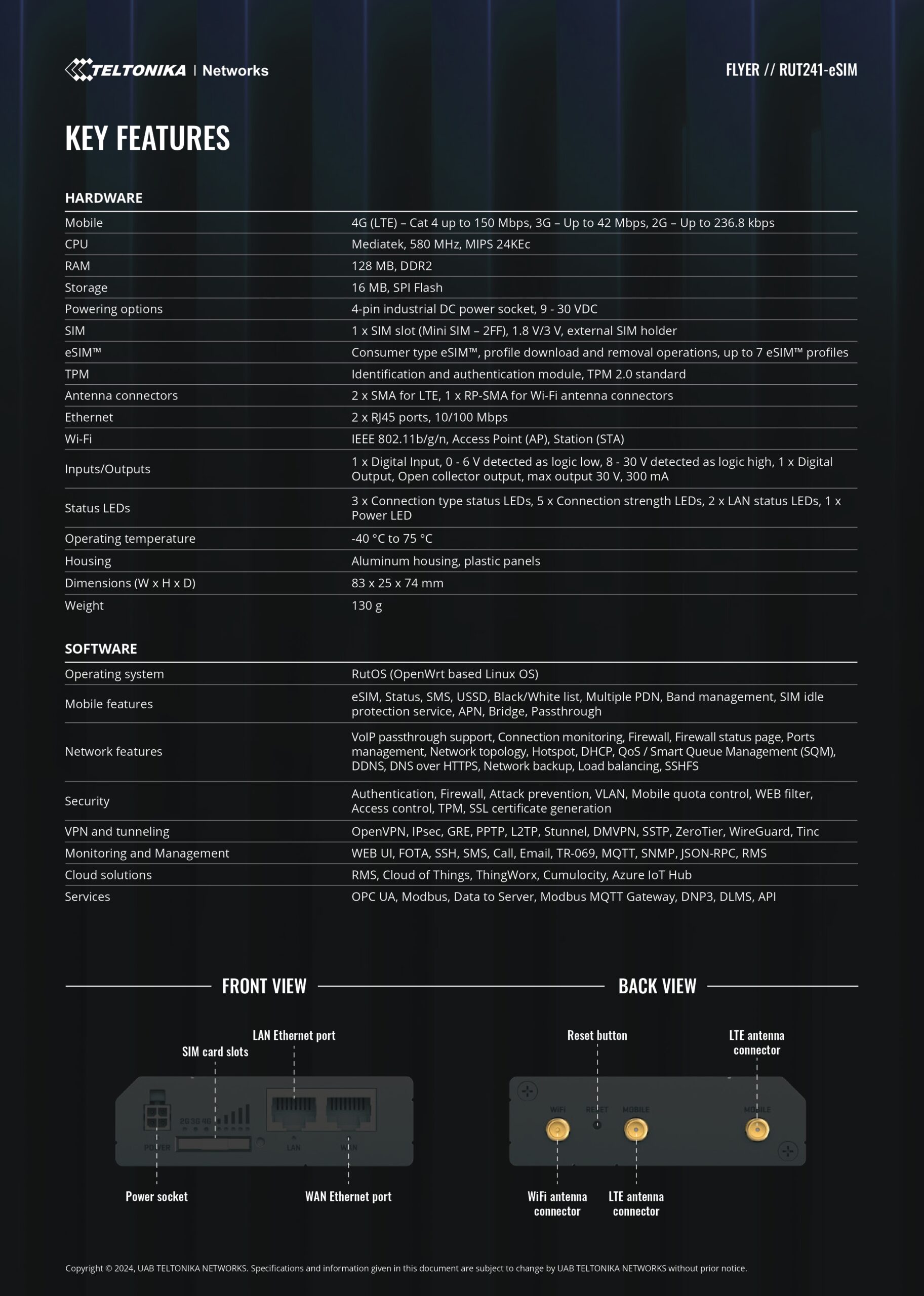 Teltonika | Teltonika RUT241 eSIM™ Industrial 4G Router,Global Version, Instant LTE Failover, Compact and Powerful Industrial 4G LTE Router/Firewall, PSU included | RUT241235000/RUT241265000 - Image 2