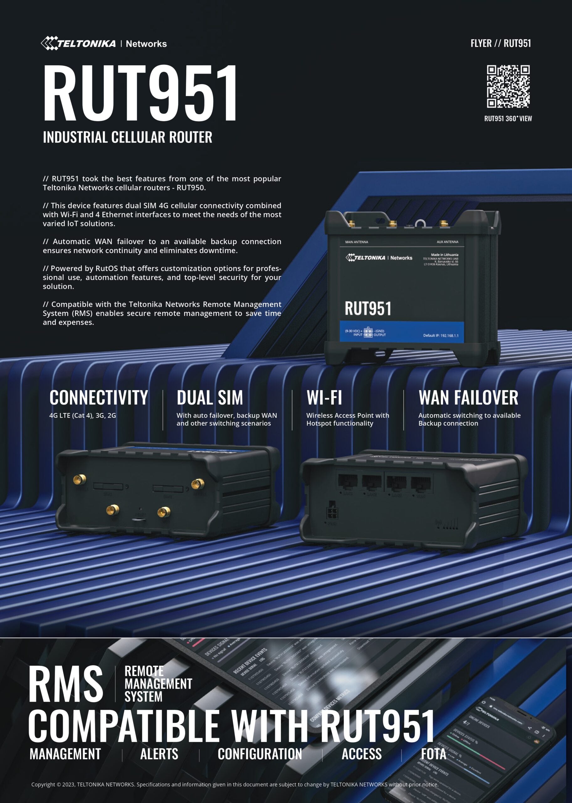 Teltonika | Teltonika RUT951 Industrial Cellular Router, 4G LTE (Cat 4), Dual SIM,WI-FI, Automatic WAN Failover, PSU included | RUT951600600 - Image 1
