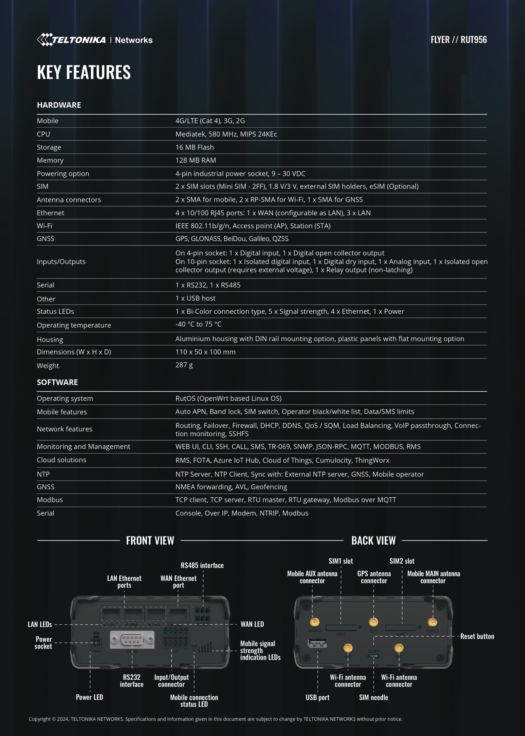 Teltonika | Teltonika RUT956 Industrial Cellular Router, Dual-SIM Cellular 4G LTE, WAN Failover with 4x Ethernet Ports, GPS, 2-Year Warranty, PSU included | RUT956700600 - Image 2