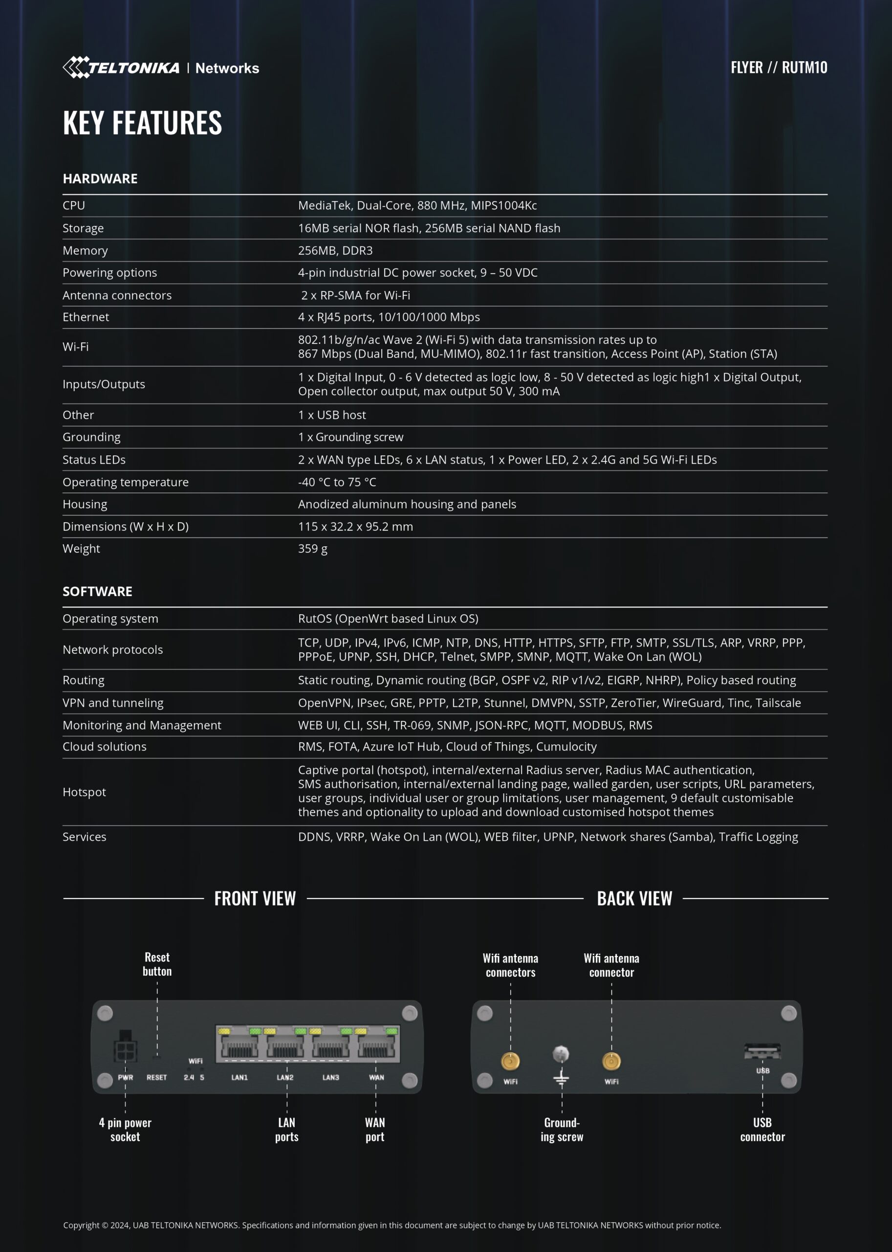 Teltonika | Teltonika RUTM10 wired with 4x Gigabit Ethernet ports, Dual-band Wi-Fi, 128 tag/port-based VLANs, PSU included | RUTM10000300 - Image 2