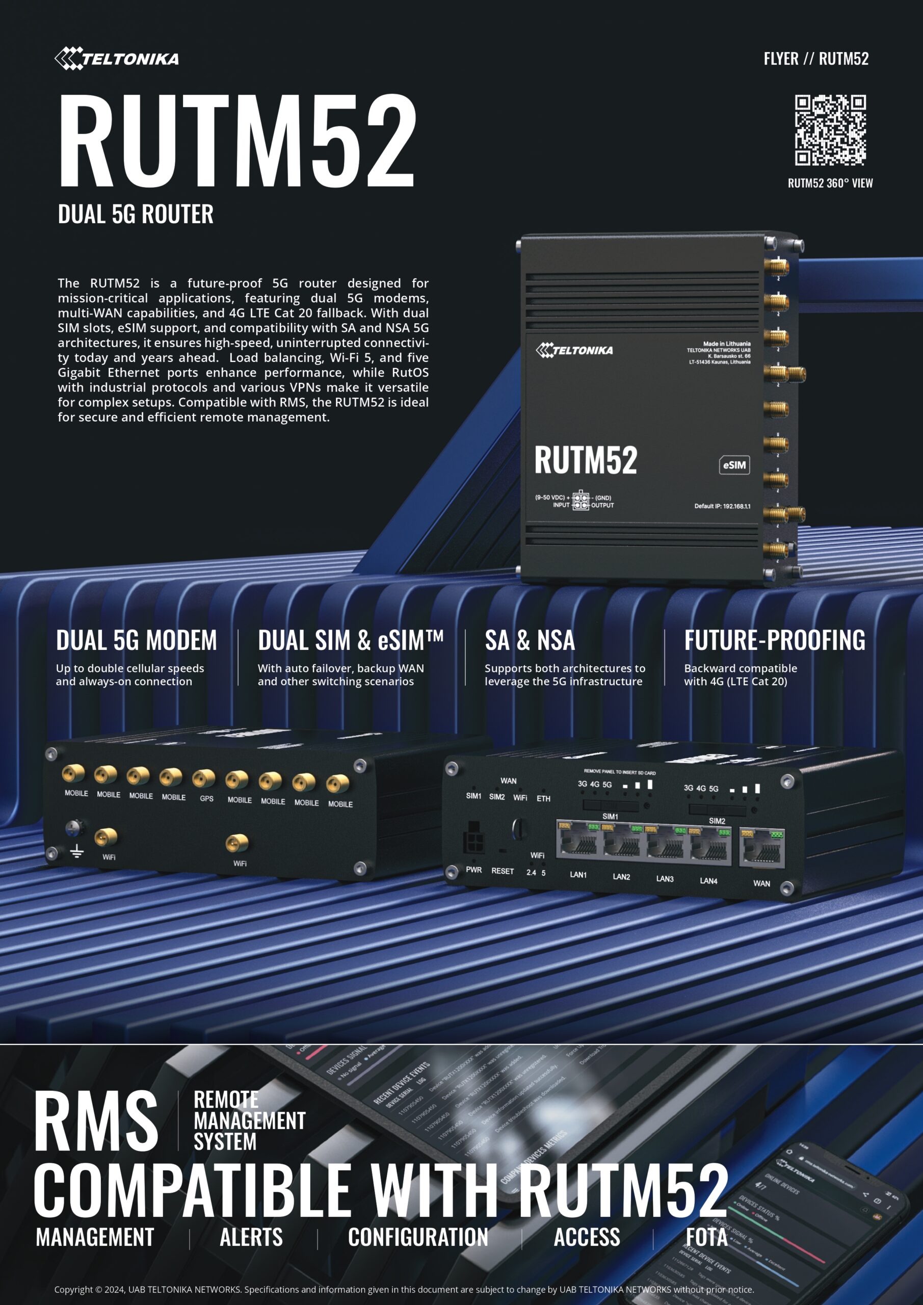 Teltonika | Teltonika RUTM52 Dual 5G Router, 5G dual SIM/ESIM cellular, 5 Gigabit Ethernet ports, Backward compatible with 4G(LTE Cat 20) | RUTM52100400 - Image 1