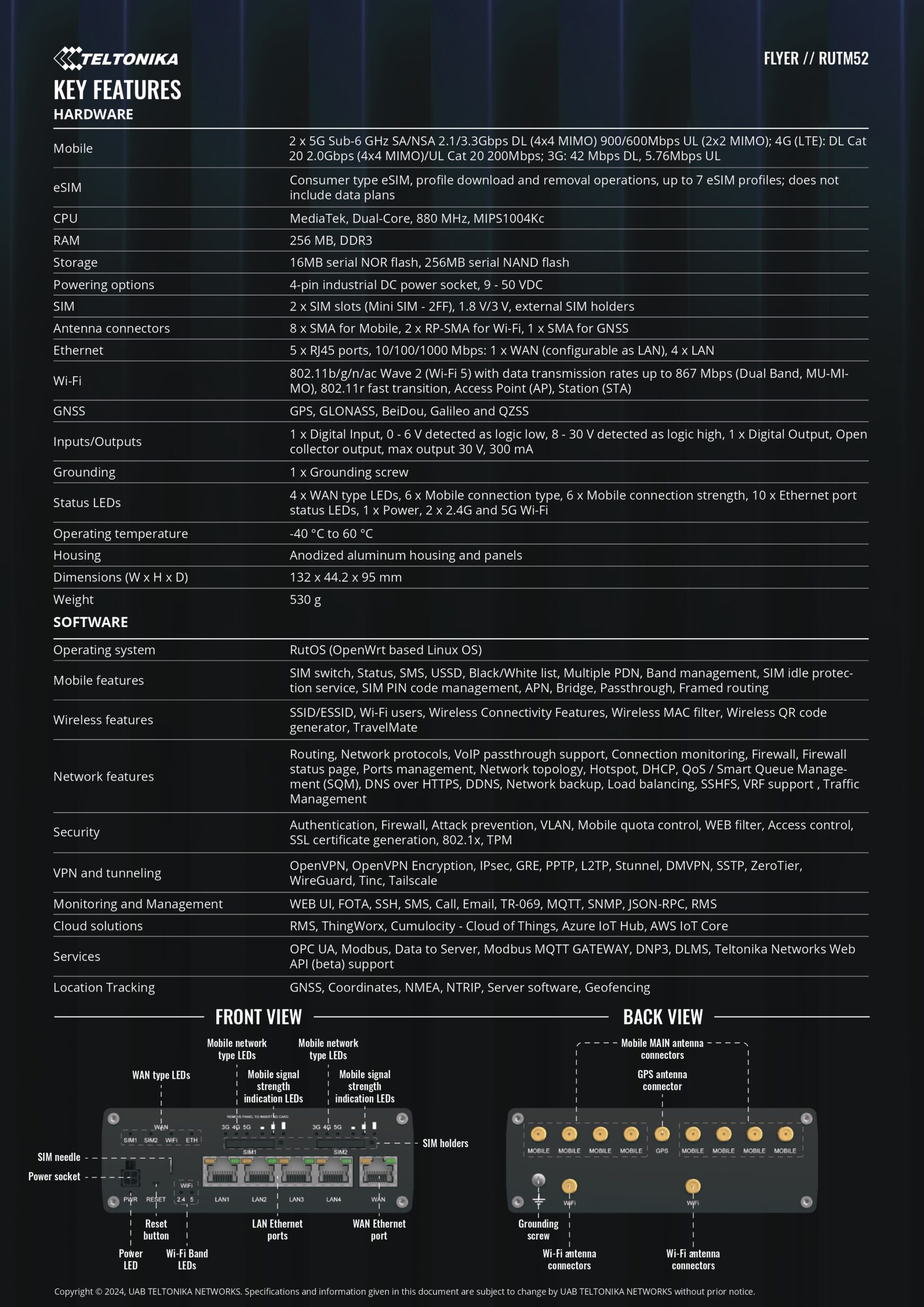 Teltonika | Teltonika RUTM52 Dual 5G Router, 5G dual SIM/ESIM cellular, 5 Gigabit Ethernet ports, Backward compatible with 4G(LTE Cat 20) | RUTM52100400 - Image 2