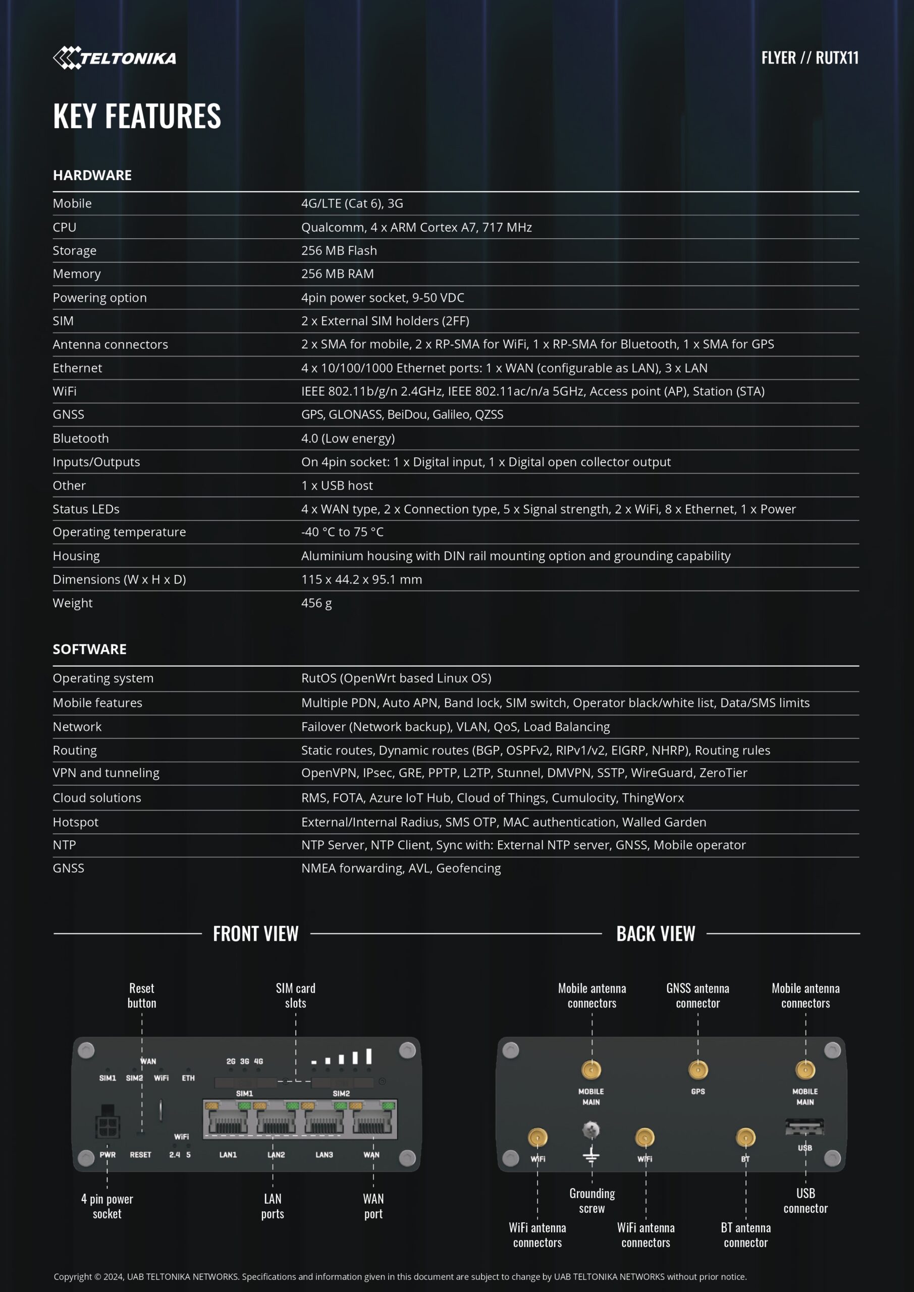 Teltonika | Teltonika RUTX11 Industrial Cellular Router, 4G LTE CAT 6, Dual SIM with auto failover, Backup WAN, Dual Band WiFi, Bluetooth LE, PSU included | RUTX11000200/RUTX11200200 - Image 2