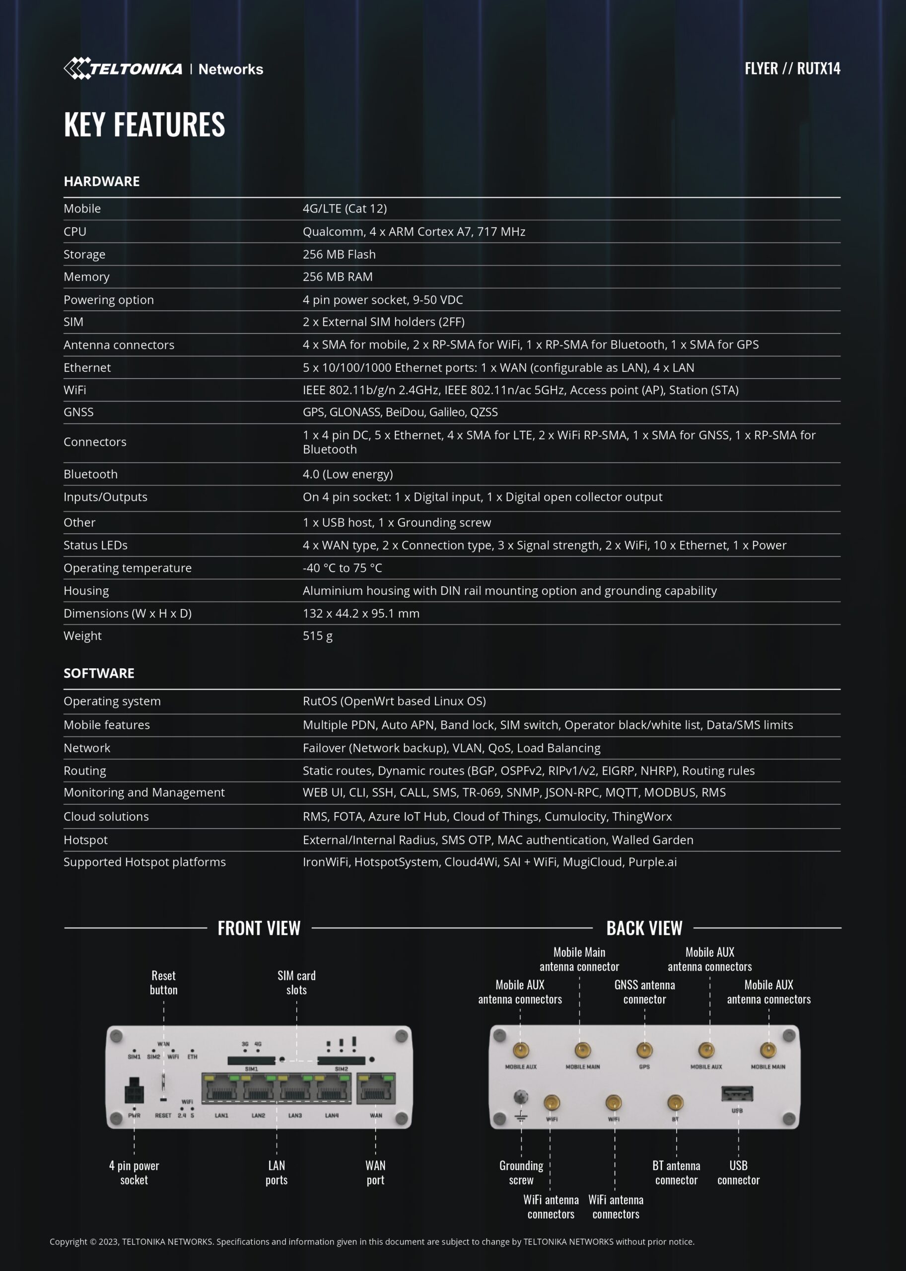Teltonika | Teltonika RUTX14 4G LTE CAT12 Industrial Cellular Router, Instant LTE Failover, Dual Band WiFi 802.11ac, GNSS/GPS and Bluetooth LE, PSU included | RUTX14000300 - Image 2