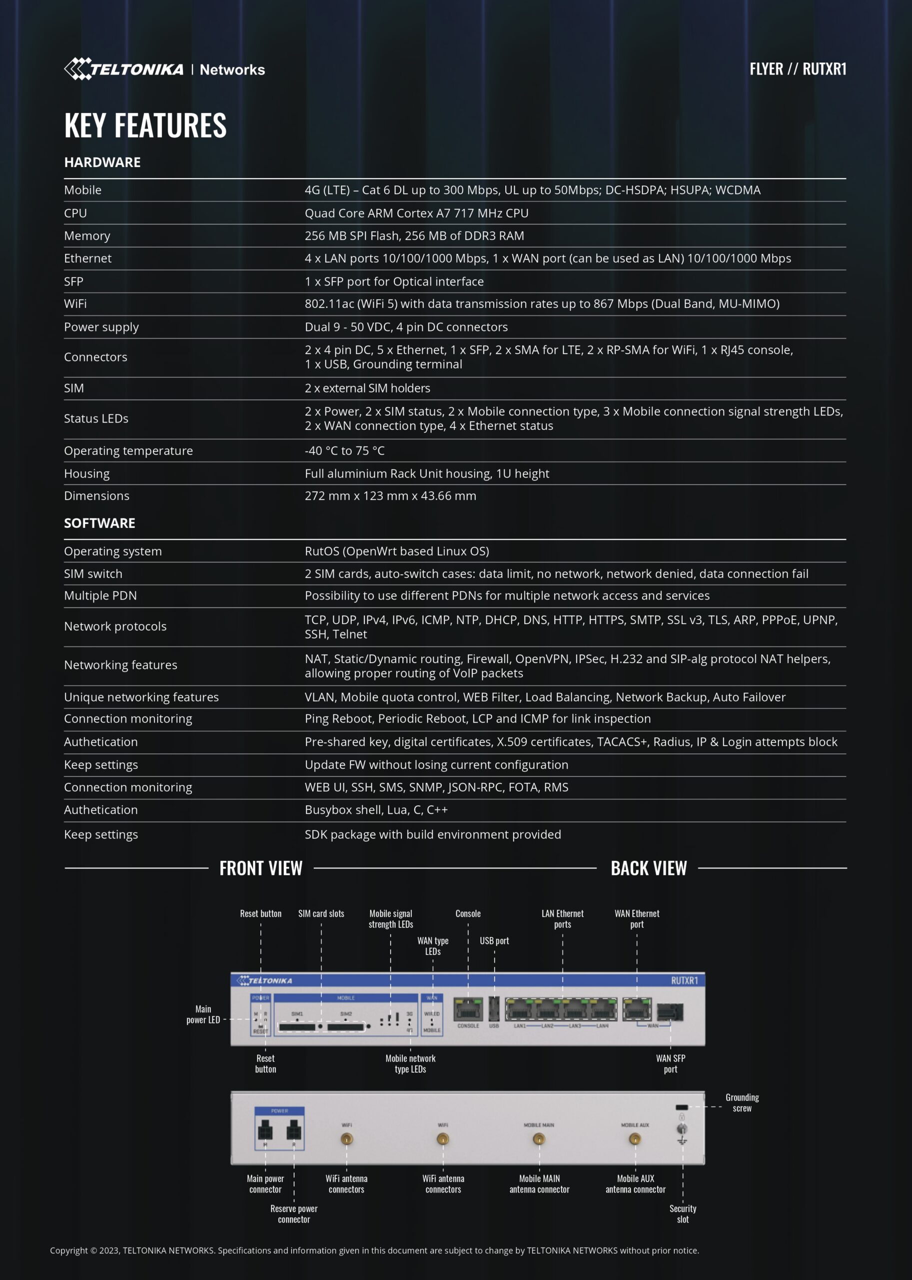 Teltonika | Teltonika RUTXR1 Enterprise Rack-mount SFP/LTE Router, 5x Gigabit Ethernet Ports, Dual Sim Failover, Redundant Power Supplies, PSU included | RUTXR1000100 - Image 2