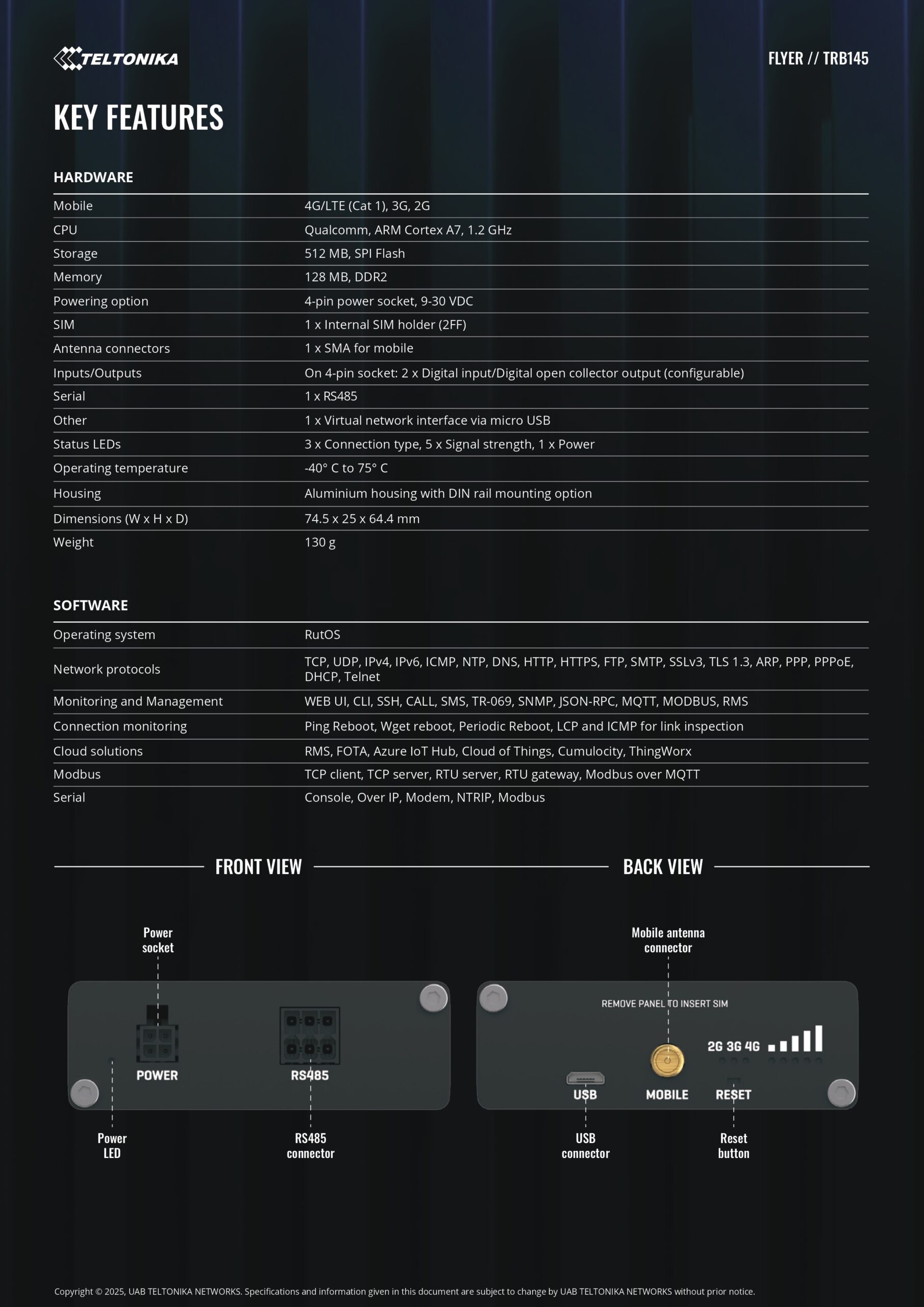 Teltonika | Teltonika TRB145 Industrial Rugged LTE RS485 Gateway, 4G/LTE (Cat 1), Equipped with RS485, Compatible with Industrial DNP3, PSU included | TRB145106000 - Image 2