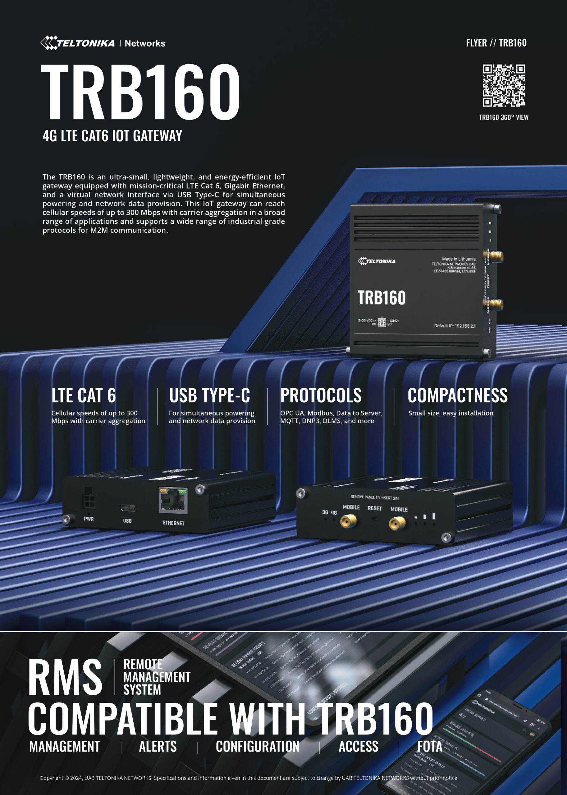 Teltonika | Teltonika TRB160 4G LTE CAT 6 IoT Gateway, Ultra-Small, Lightweight, Energy-Efficient, Cellular Speeds of up to 300 Mbps, USB Type-C, PSU included | TRB160100200 - Image 1