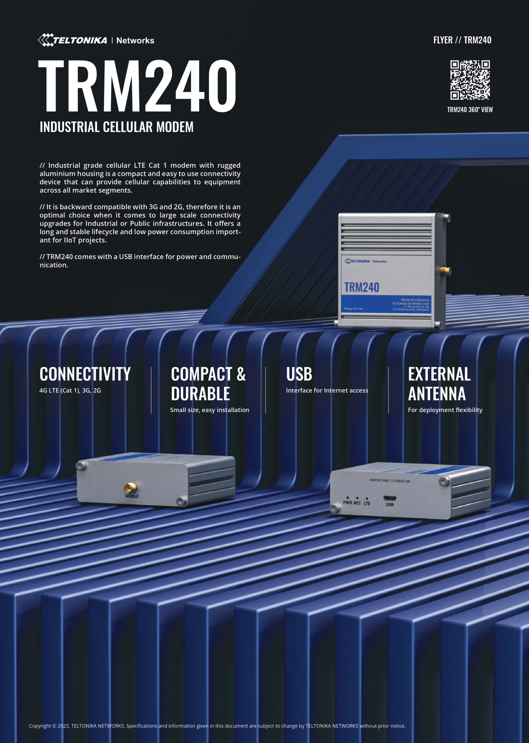Teltonika | Teltonika TRM240 Industrial Cellular Modem, 4G/LTE (Cat 1), USB LTE Cat 1 Modem with a Rugged Housing and External Antenna Connector, PSU excluded | TRM240100000 - Image 1