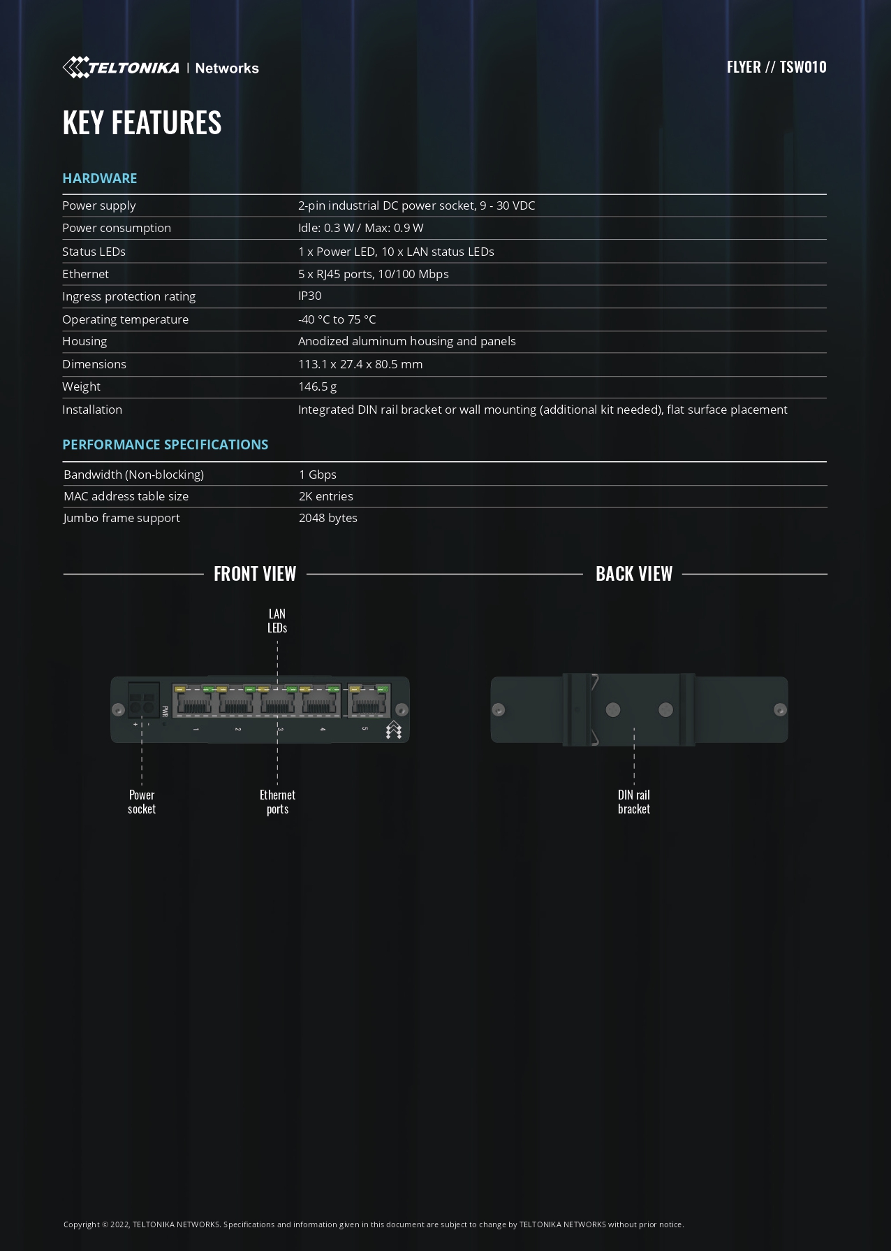 Teltonika | Teltonika TSW010 DIN Rail Ethernet Switch, 5x Ethernet Ports with speeds of up to 100 Mbps, Integrated DIN Rail Bracket, Plug and Play, PSU excluded | TSW010000000 - Image 2