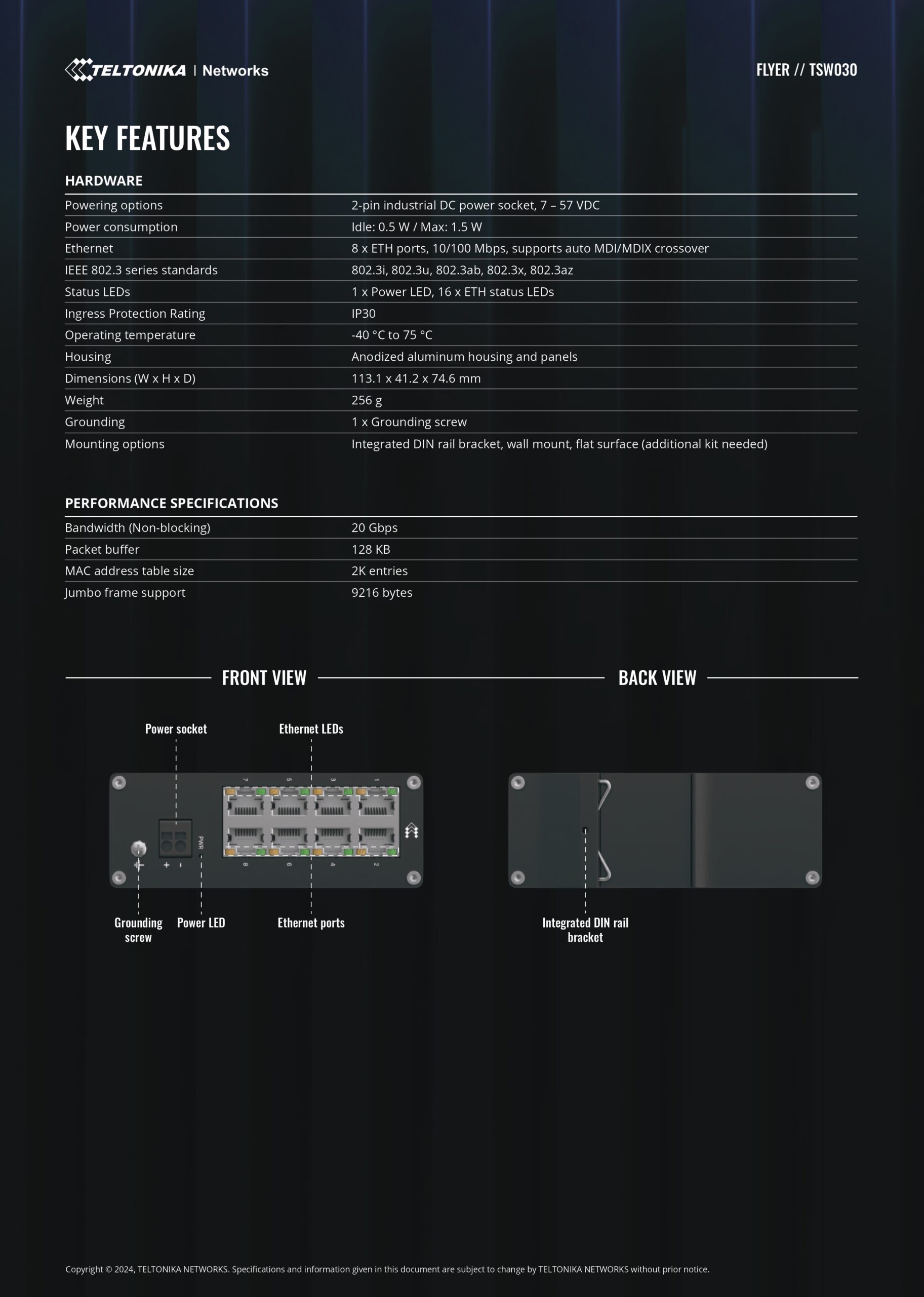 Teltonika | Teltonika TSW030 8-PORT ETHERNET SWITCH, 2-PIN Power Input, 10/100 Mbps, Integrated DIN Rail (PlugPlay Deployment), Supports auto MDI/MDIX crossover | TSW030000000 - Image 2