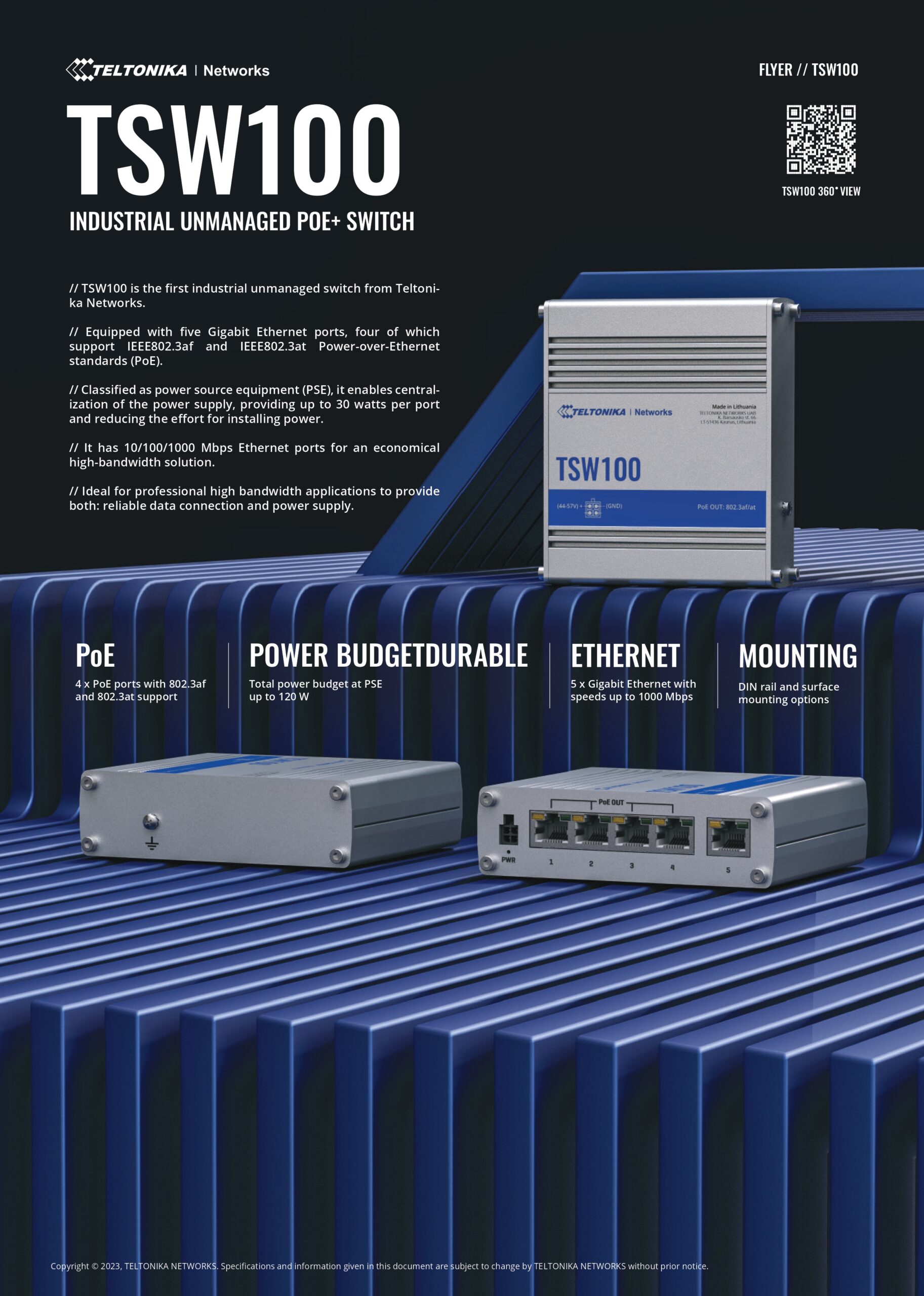 Teltonika | Teltonika TSW100 Industrial POE+ Ethernet Switch, 4 x PoE+ Ports, Power Up to 120W, 5 x Gigabit Ethernet with speeds up to 1000 Mbps, PSU included | TSW100010020 - Image 1
