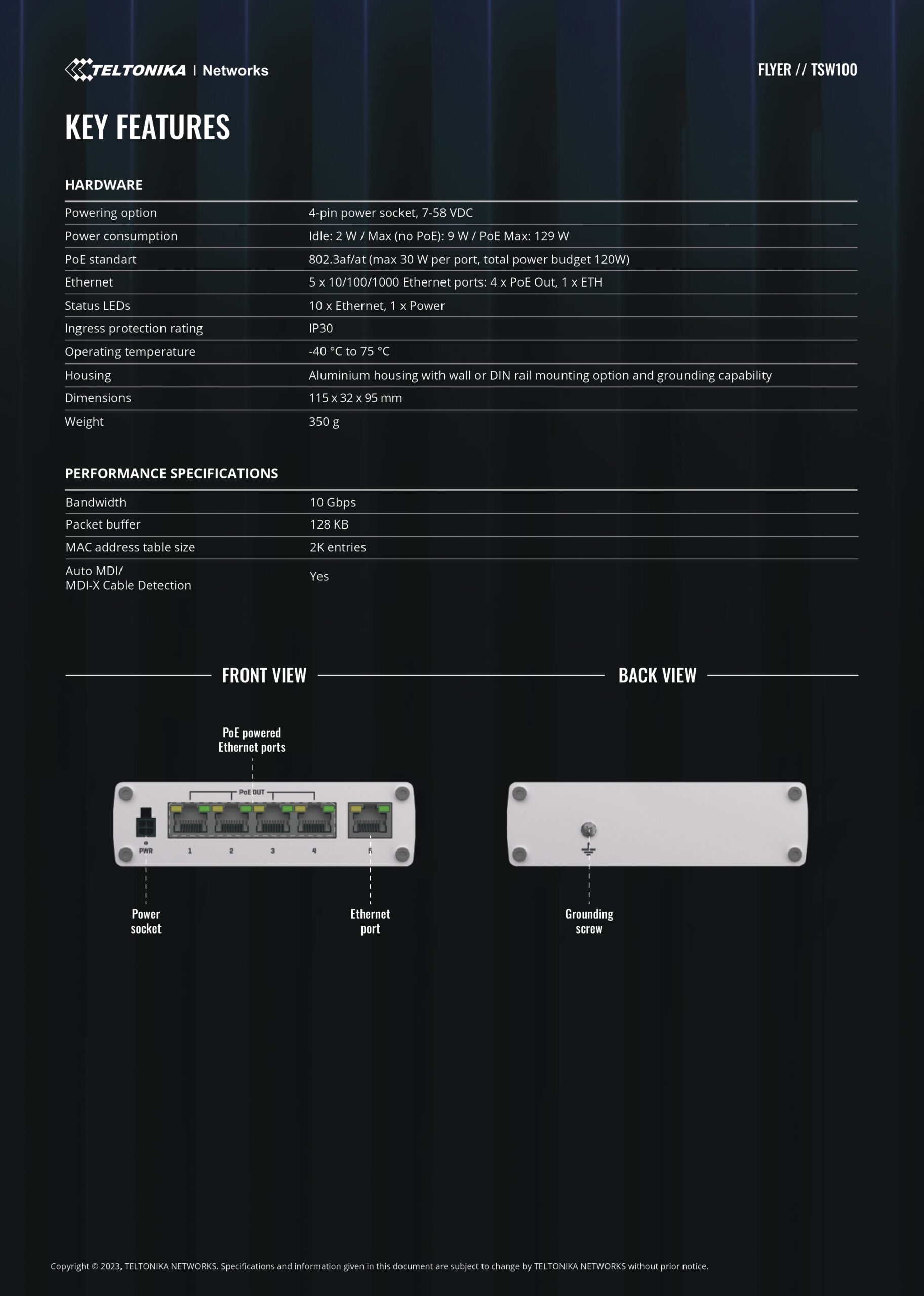 Teltonika | Teltonika TSW100 Industrial POE+ Ethernet Switch, 4 x PoE+ Ports, Power Up to 120W, 5 x Gigabit Ethernet with speeds up to 1000 Mbps, PSU included | TSW100010020 - Image 2