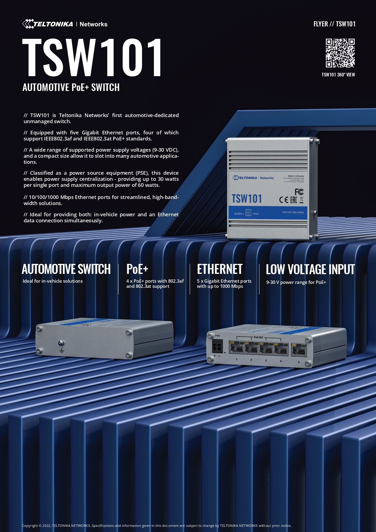 Teltonika | Teltonika TSW101 Automotive POE+ Switch, 4x PoE Ports, 5 x Gigabit Ethernet Ports with speeds of up to 1000 Mbps, PSU excluded | TSW101000000 - Image 1