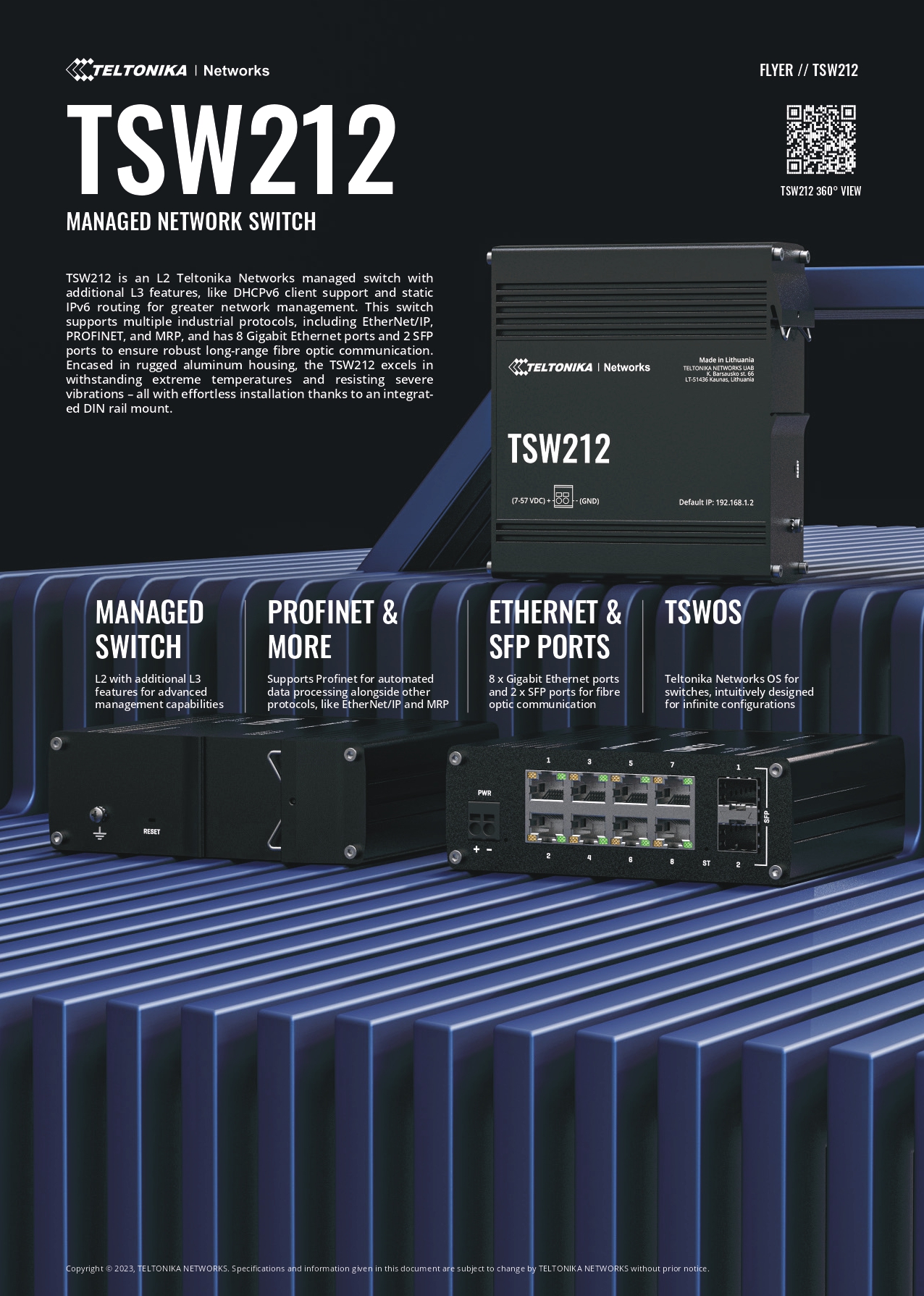Teltonika | Teltonika TSW212 Managed Ethernet Switch, L2 with additional L3 Features, Supports Profinet, 8 x Gigabit Ethernet Ports, 2 x SFP Ports, PSU excluded | TSW212000000 - Image 1