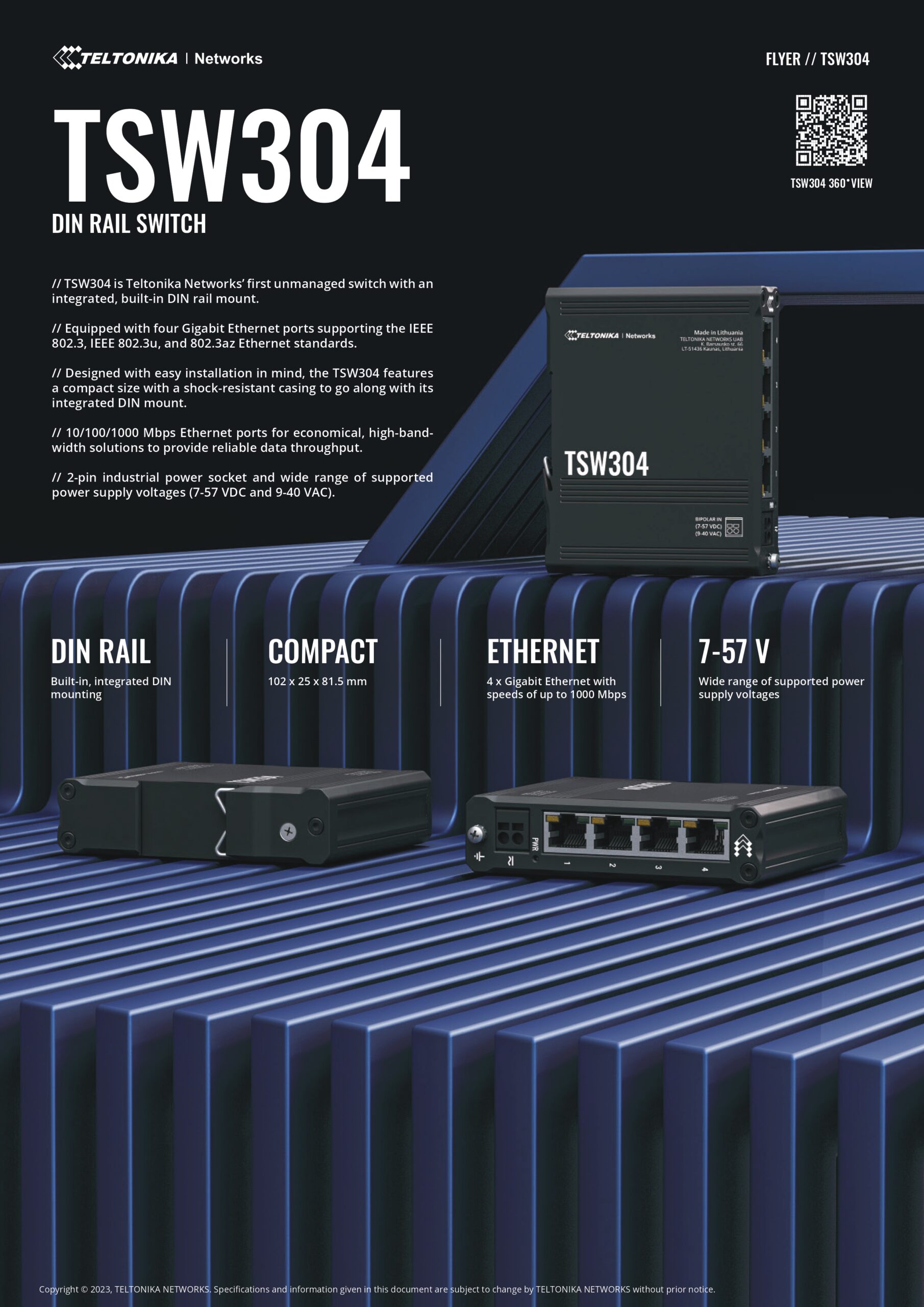 Teltonika | Teltonika TSW304 DIN Rail Ethernet Switch, 4x Gigabit Ethernet with speeds of up to 1000 Mbpsl, Wide Range of Voltages, PSU excluded | TSW304000000/TSW304000010 - Image 1