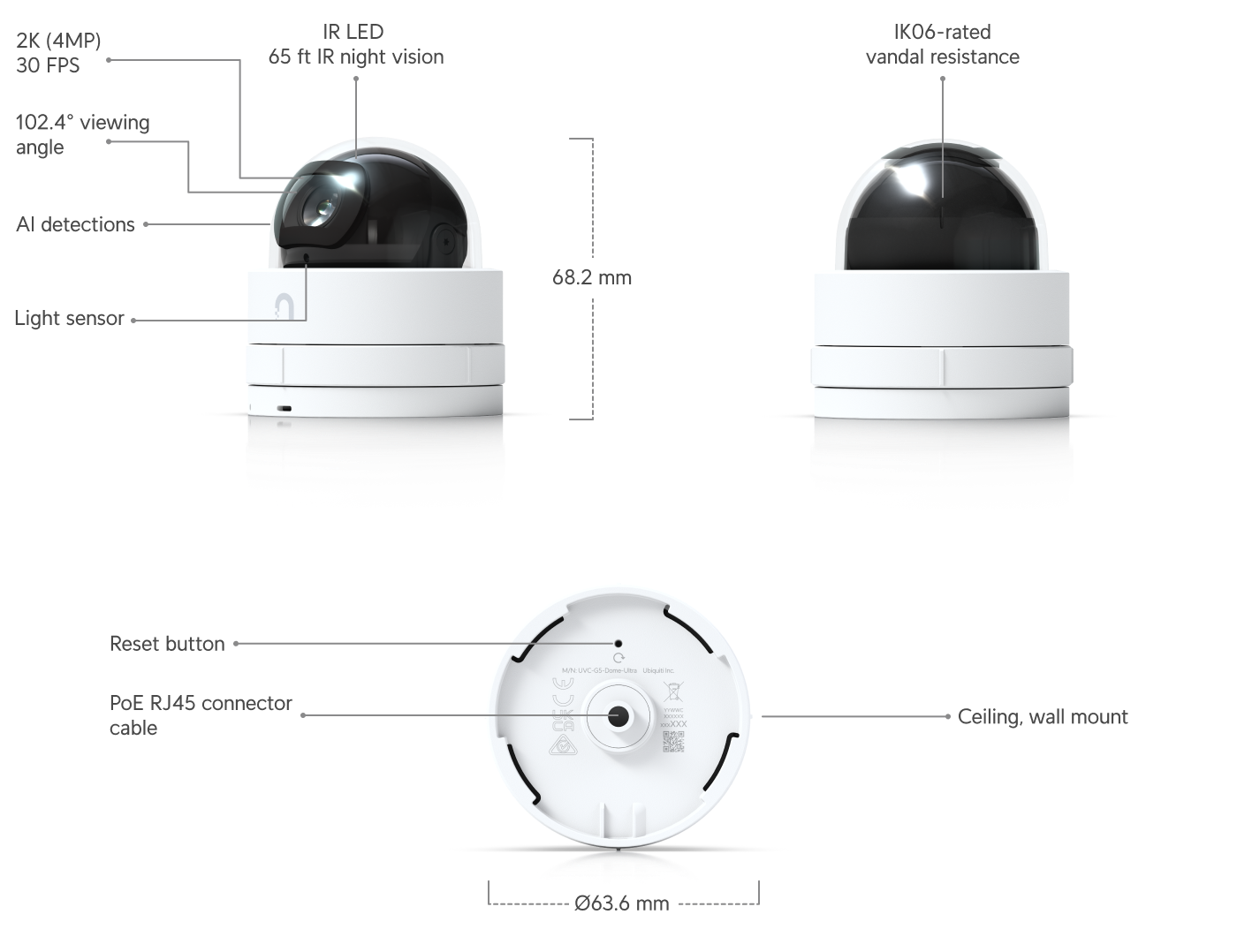 Ubiquiti | Ubiquiti UniFi G5 Dome Ultra,White, Ultra-compact  IK06 Tamper-resistant 2K HD PoE Camera, Night Vision For Low-profile Indoor Security | UVC-G5-Dome-Ultra - Image 3