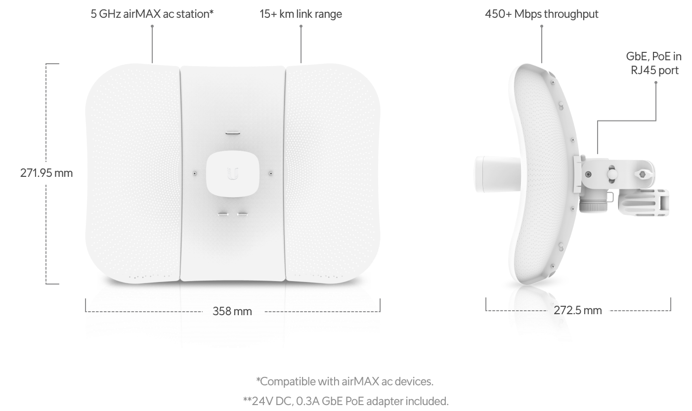 Ubiquiti | Ubiquiti airMAX LiteBeam AC 5 GHz Long-Range Station, 450+ Mbps Throughput, 23dBi Gain Antenna, 15+ Km Range,Inludes PoE Injector | LBE-5AC-GEN2 - Image 1