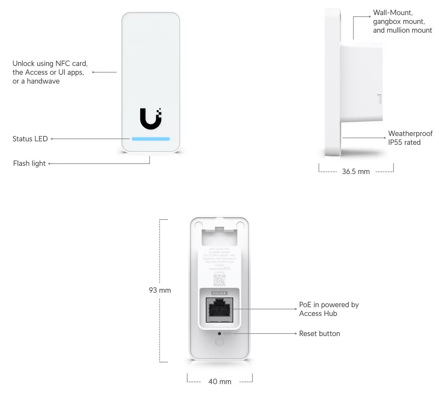 Ubiquiti | Ubiquiti UniFi Access Reader G2, Entry/Exit Messages, IP55 Weather Resistance, Additional Handwave Unlock Functionality | UA-G2 - Image 1