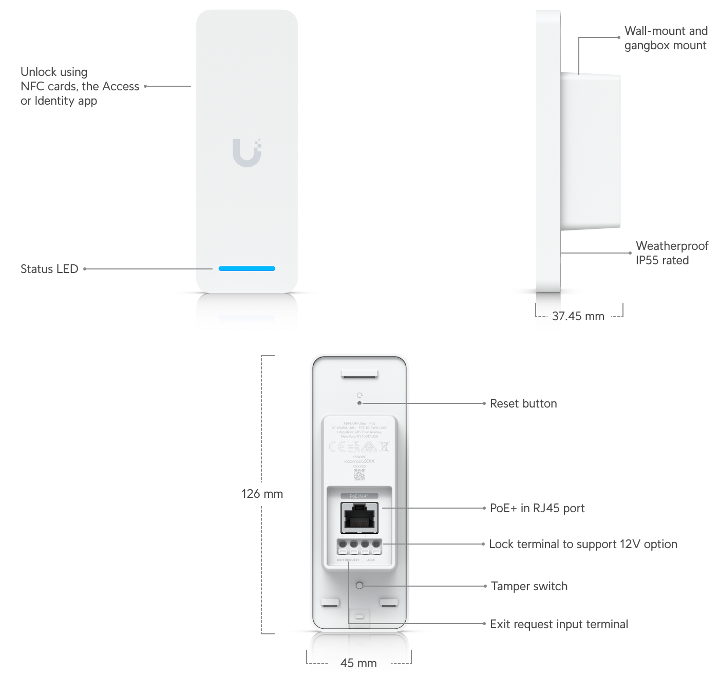 Ubiquiti | Ubiquiti Access Ultra,Tamper-resistant Access Reader, Built-in Hub,12V/1A,PoE+, Max Power 18W,Single-door Entry Control From One Device,IP55 | UA-Ultra - Image 1