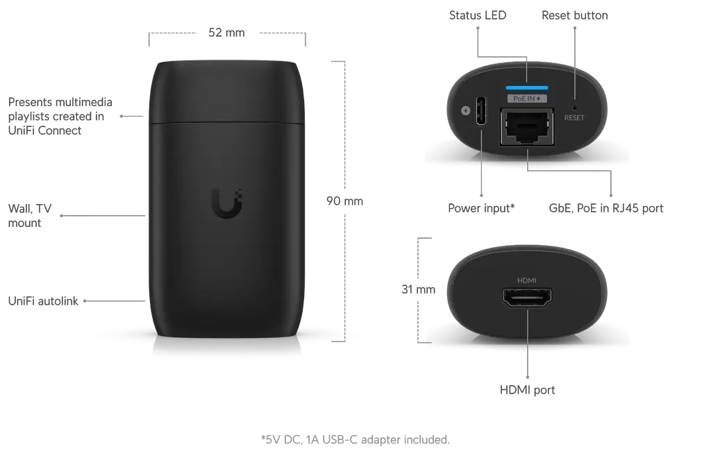 Ubiquiti | Ubiquiti Display Cast,  Instantly Transform TV Display, Manag Digital Signage Device,  HDMI-compatible Display, PoE /USB-C Adapter Power | UC-Cast - Image 3