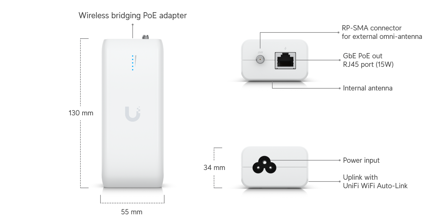Ubiquiti | Ubiquiti Device Bridge,Plug-and-play, Wireless Bridging PoE Adapter with Integrated UniFi WiFi Auto-Link | UDB - Image 1