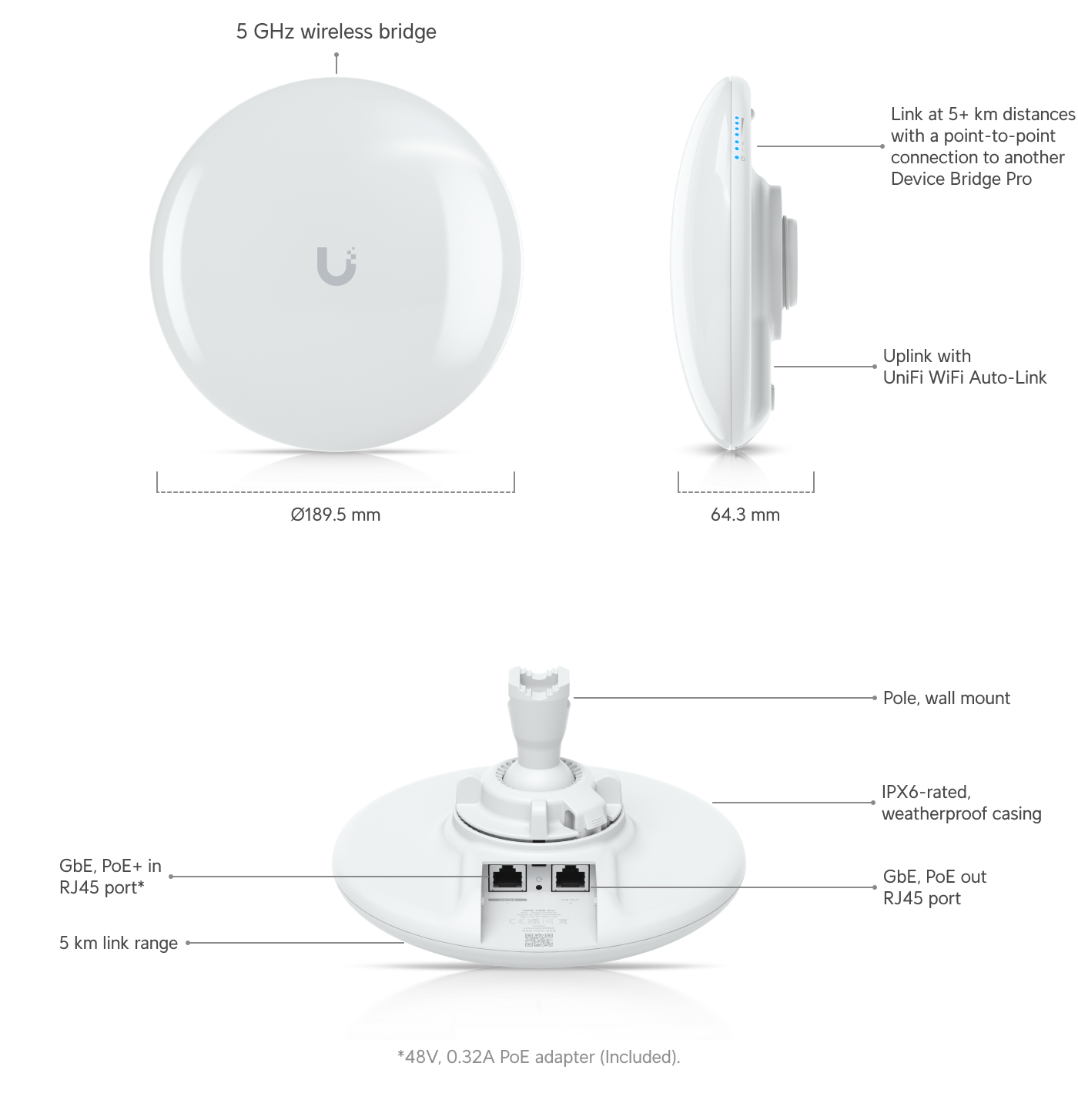 Ubiquiti | Ubiquiti Device Bridge Pro,5 GHz Wireless Bridge, PoE Output Connects At 5+ km Distances /Seamlessly Uplinks to UniFi WiFi | UDB-Pro - Image 1
