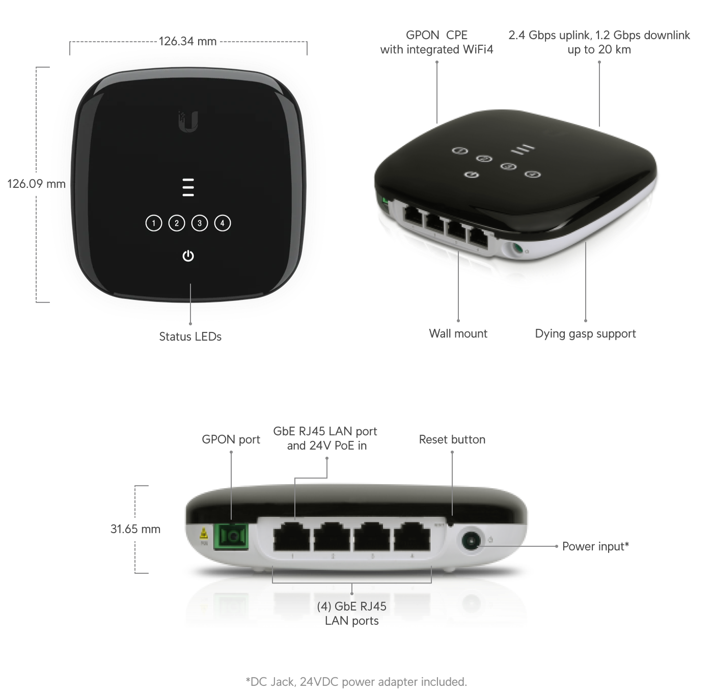 Ubiquiti | Ubiquiti UFiber WiFi,  Gigabit Passive Optical Network CPE with built-in WiFi and Multiple VLAN-aware Switch Ports, | UF-WIFI - Image 1