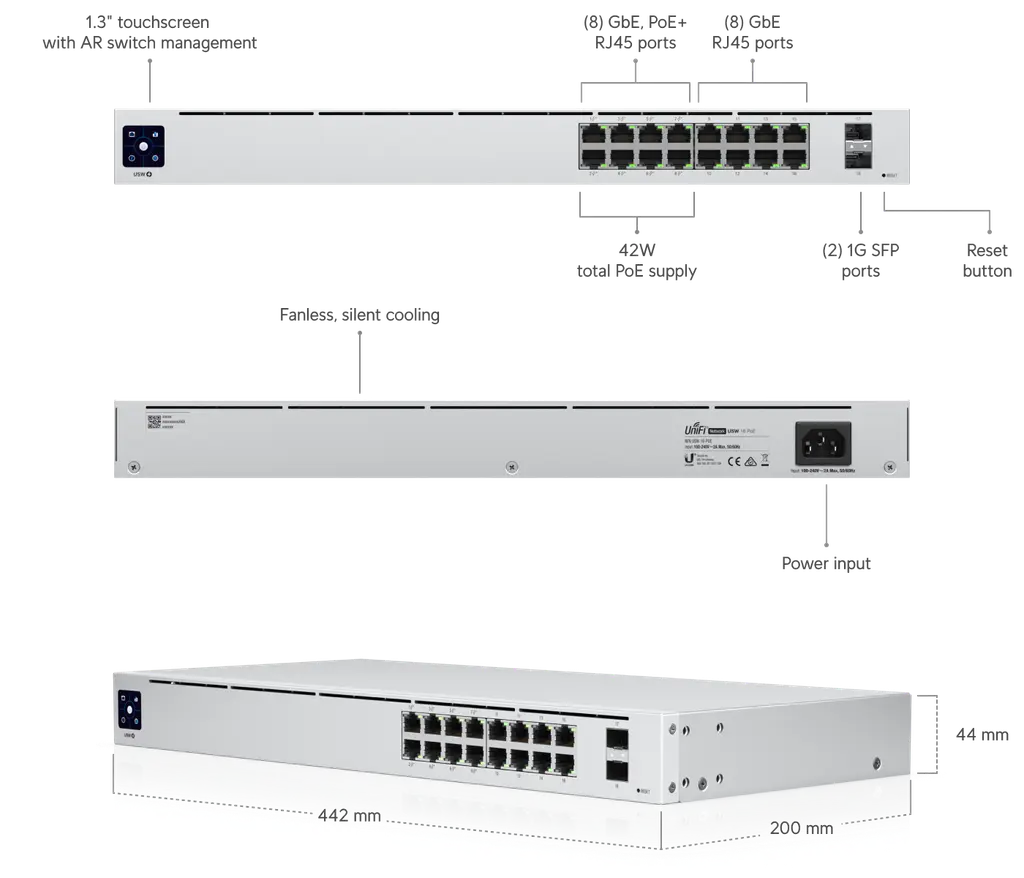 Ubiquiti | Ubiquiti UniFi 16-port Managed Gigabit Switch - 8x PoE+ Ports, 8x Gigabit Ethernet Ports, 2x SFP , 42W, Touch Display, Fanless , GEN2, | USW-16-POE - Image 1