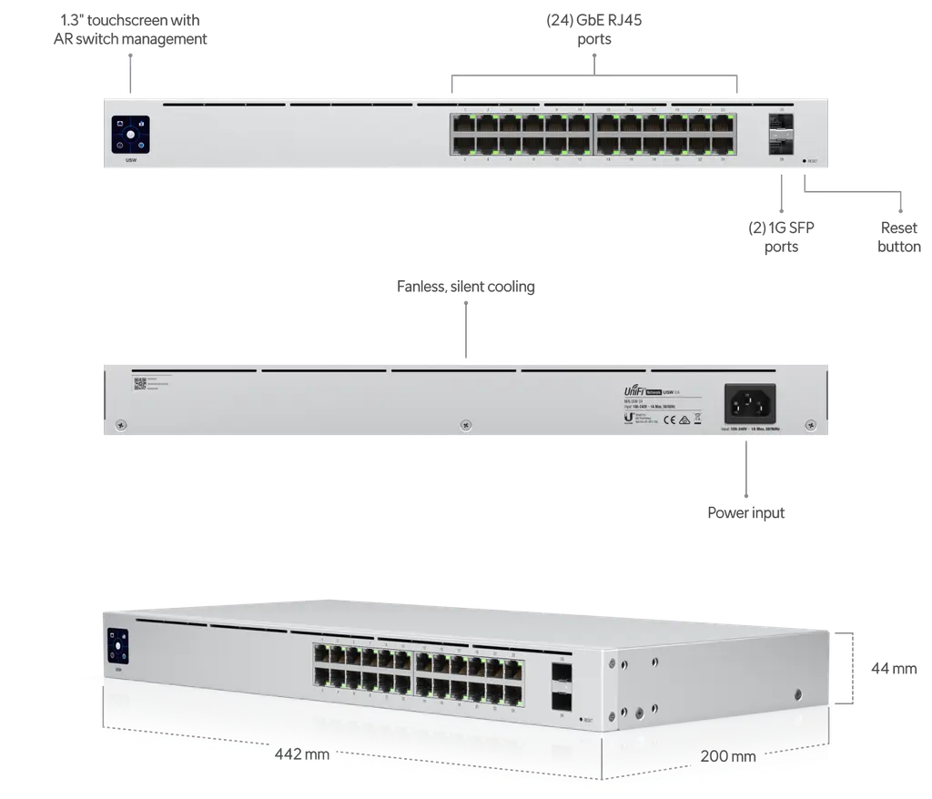 Ubiquiti | Ubiquiti UniFi 24 port Managed Gigabit Switch - 24x Gigabit Ethernet Ports, with 2xSFP - Touch Display - Fanless - GEN2, | USW-24 - Image 1