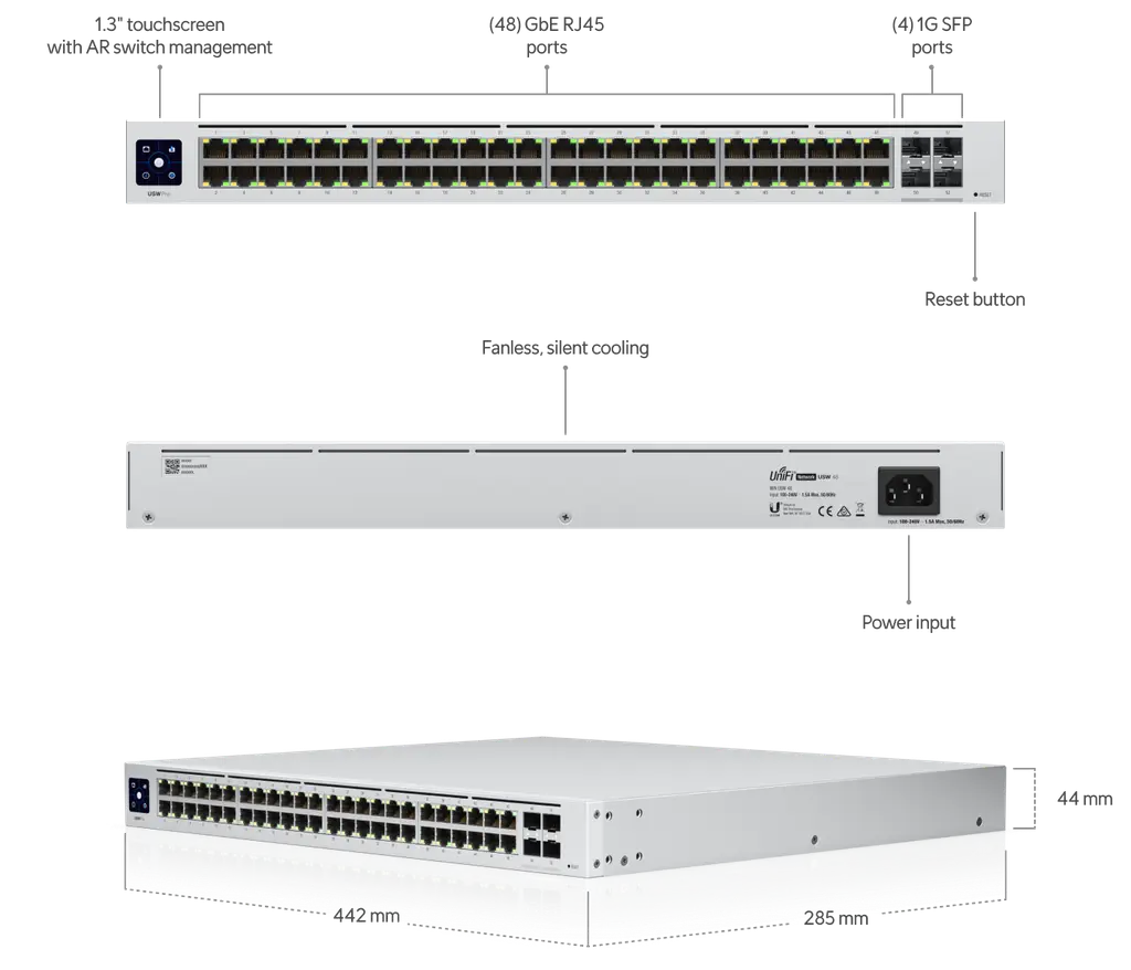 Ubiquiti | Ubiquiti UniFi USW-48, 48-port Managed Gigabit Layer2 Switch - 48x Gigabit Ethernet Ports 4x SFP Port Touch Display, | USW-48 - Image 1