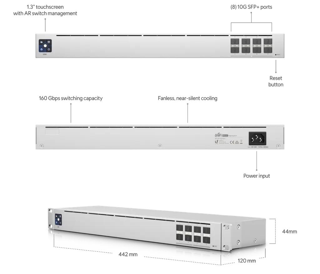 Ubiquiti | Ubiquiti UniFi USW-Aggregation, 8-port 10G SFP+ Aggregation Switch, Layer 2 Switch, Fanless, 1U Rackmount, | USW-Aggregation - Image 1