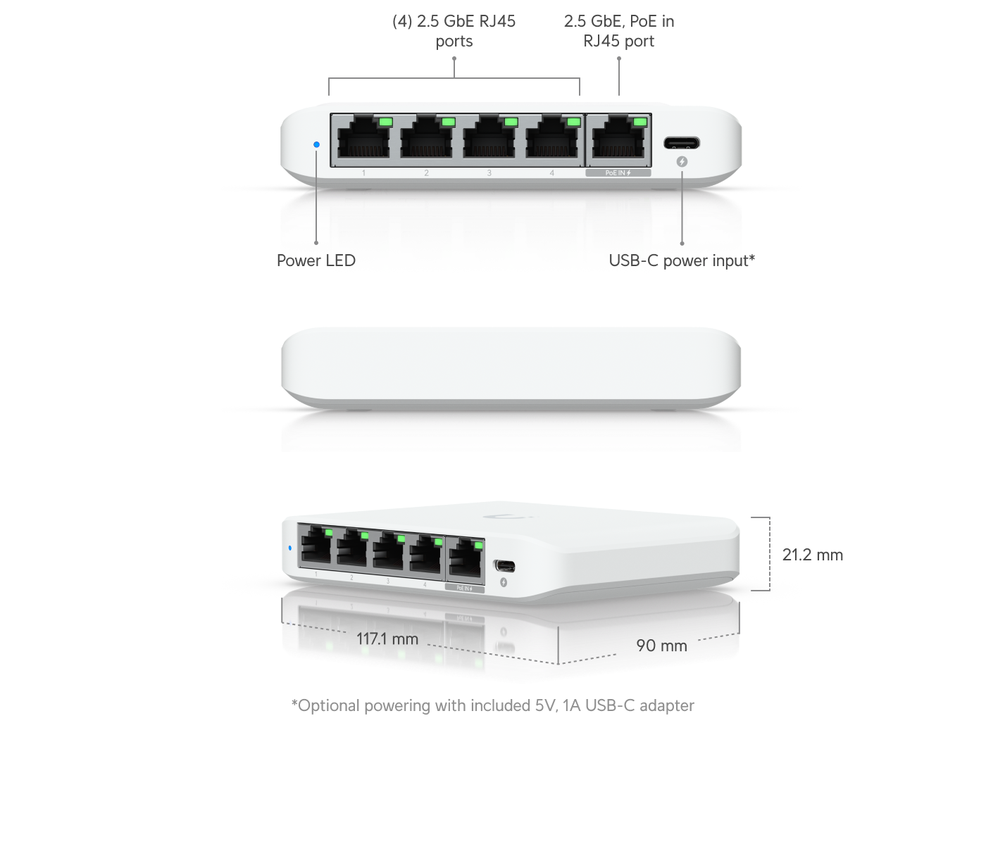 Ubiquiti | Ubiquiti Flex Mini 2.5G, (4) 2.5 GbE Ports, (1) 2.5 GbE PoE Input Port for Power, | USW-Flex-2.5G-5 - Image 1