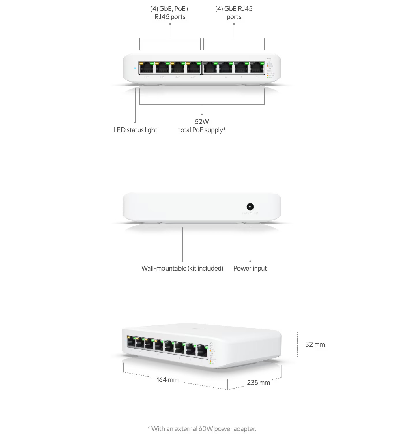 Ubiquiti | Ubiquiti UniFi Switch USW-Lite-8-POE, 4x PoE Output Ports, 52W PoE Supply, Fanless, Wall Mount Kit Included, | USW-Lite-8-POE - Image 1