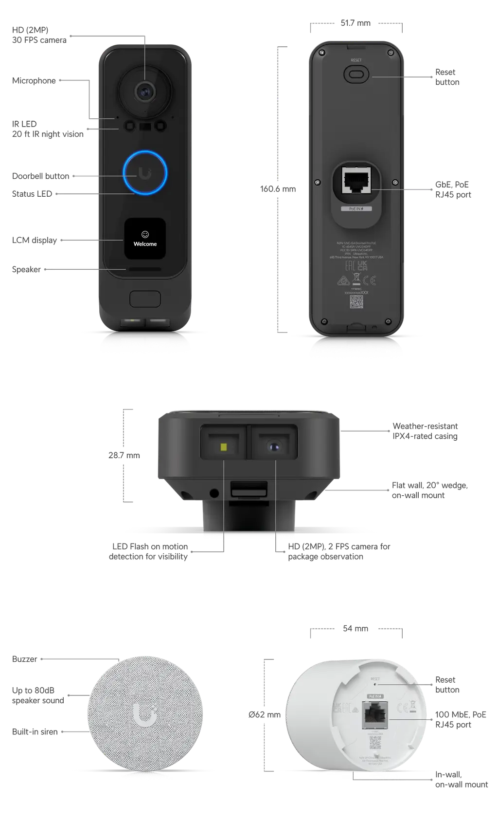 Ubiquiti | Ubiquiti UniFi Protect G4 Doorbell Pro PoE Kit,5MP CMOS Camera,Night Mode IR Up To 20ft, PoE Power, Includes PoE Chime, WeatherProof IPX4 | UVC-G4 Doorbell Pro PoE Kit - Image 1
