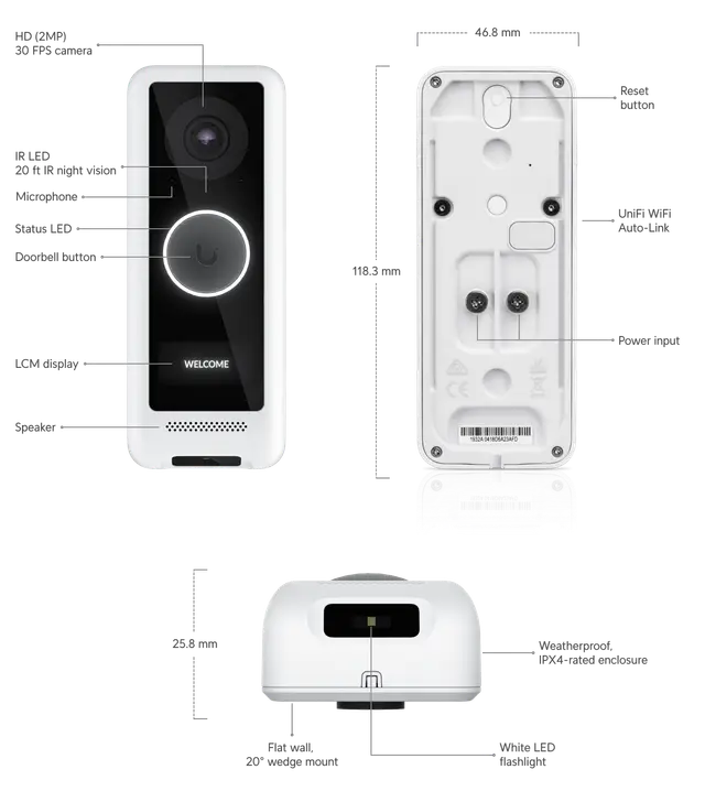 Ubiquiti | Ubiquiti UniFi Protect G4 Doorbell, 2MP Video W/ Night vision, 30 FPS, PIR Sensor, Built In Display - Requires UCK-G2-PLUS or UDM-PRO | UVC-G4-Doorbell - Image 1