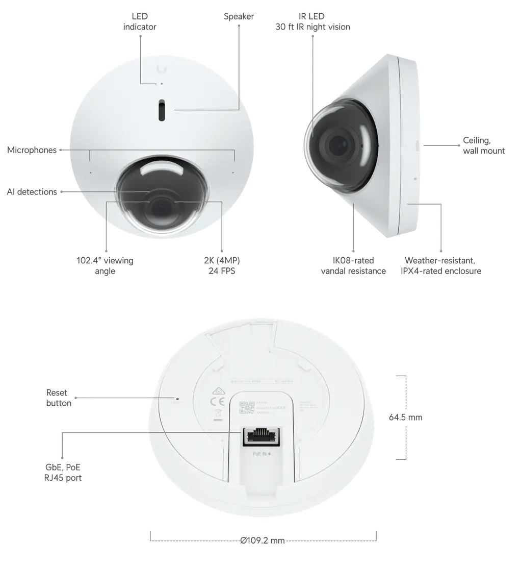 Ubiquiti | Ubiquit UniFi Protect Cam Dome Camera G5 3-Pack, 2K HD PoE Ceiling Camera, Polycarbonate Housing, Partial Outdoor, Vandal resistant | UVC-G5-Dome-3 - Image 1