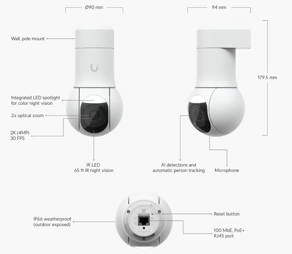 Ubiquiti | Ubiquiti UniFi Protect G5 PTZ Camera, White, Compact, Weatherproof 2K HD, IP66, Remote Pan-tilt-zoom Control, Automatic Person Tracking | UVC-G5-PTZ - Image 3