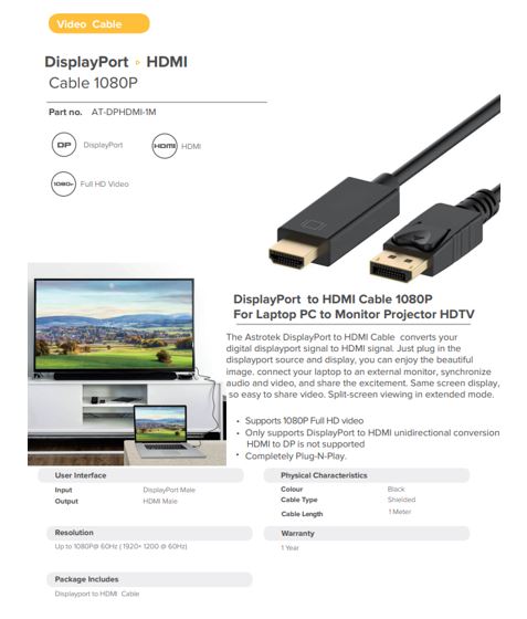 Astrotek | Astrotek DisplayPort DP to HDMI Adapter Converter Cable 2m - Male to Male 1080P Gold-Plated for PC/Laptop to HDTVs Projectors Displays | AT-DPHDMI-2 - Image 1