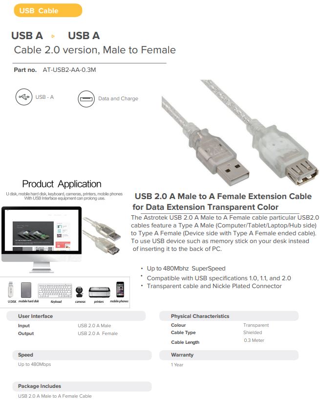 Astrotek | Astrotek USB 2.0 Extension Cable 30cm - Type A Male to Type A Female RoHS | AT-USB2-AA-0.3M - Image 1