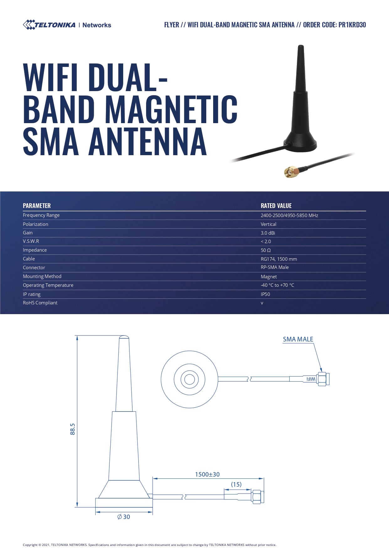 Teltonika | Teltonika WI-FI DUAL-BAND MAGNETIC SMA ANTENNA | PR1KRD30 - Image 1