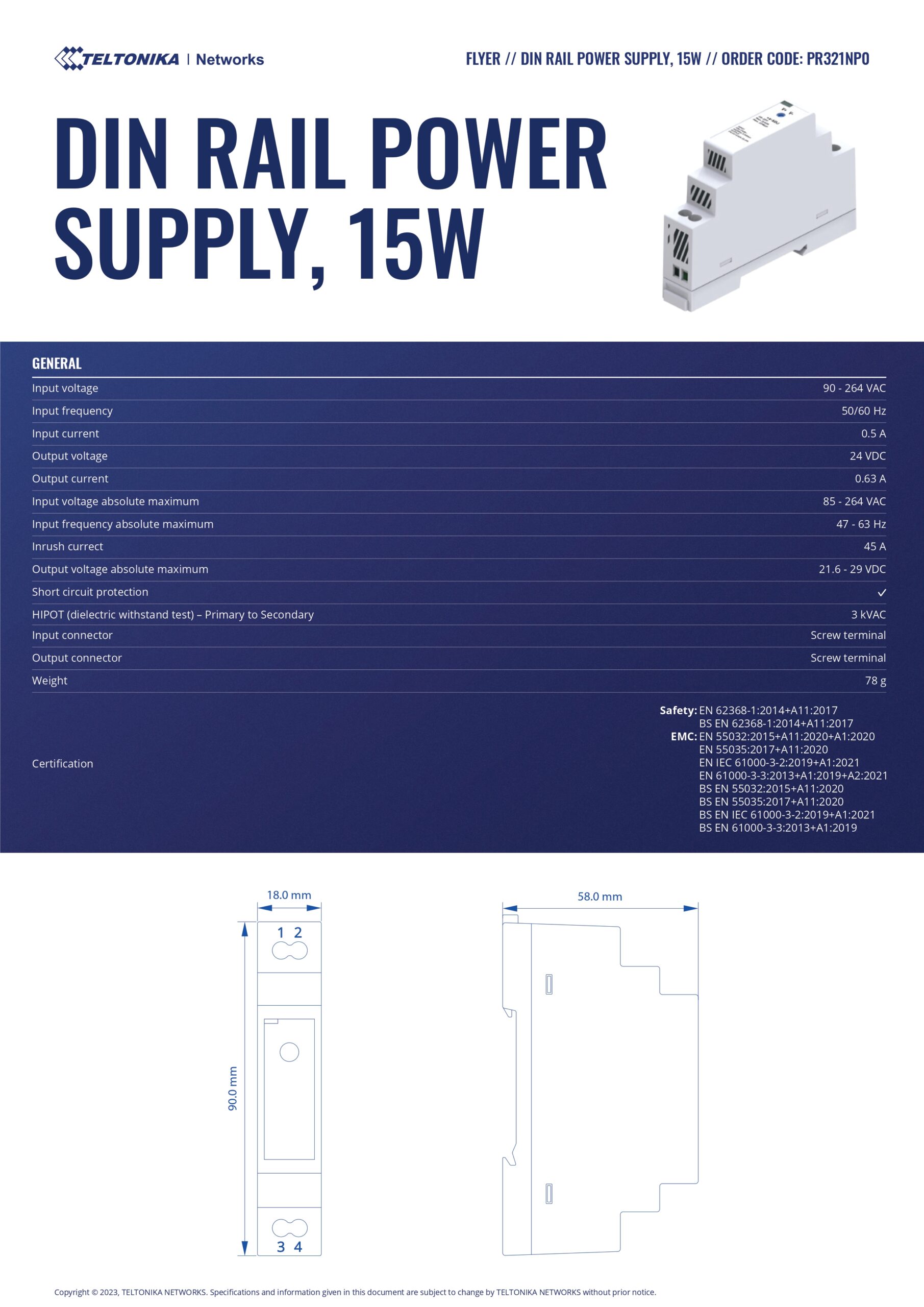 Teltonika | Teltonika DIN RAIL POWER SUPPLY, 15 W | PR321NP0 - Image 1
