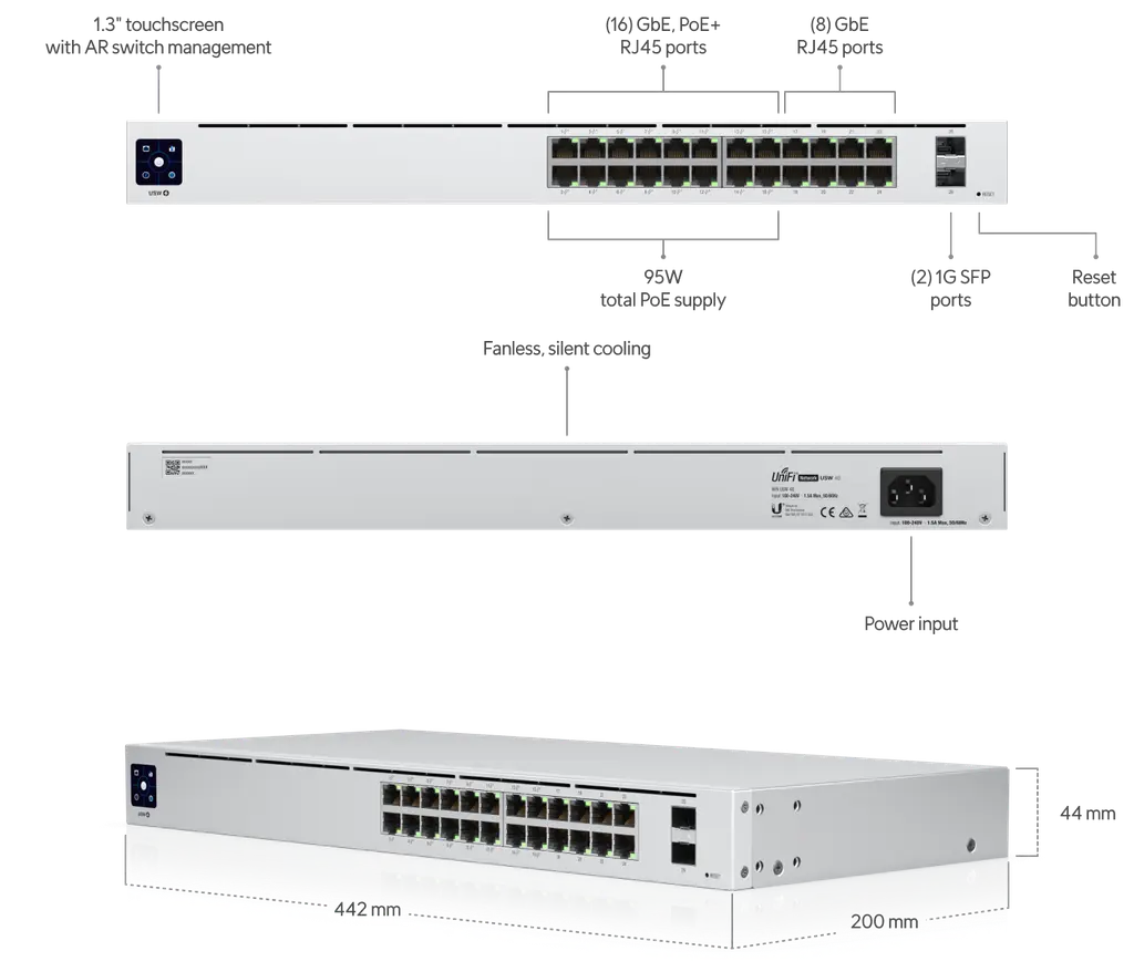 Ubiquiti | Ubiquiti UniFi 24 Port Managed Gigabit Switch, 16x PoE+ Ports, 8x Gigabit Ethernet Ports, 2xSFP - 95W - Touch Display - Fanless - GEN2, | USW-24-POE - Image 1