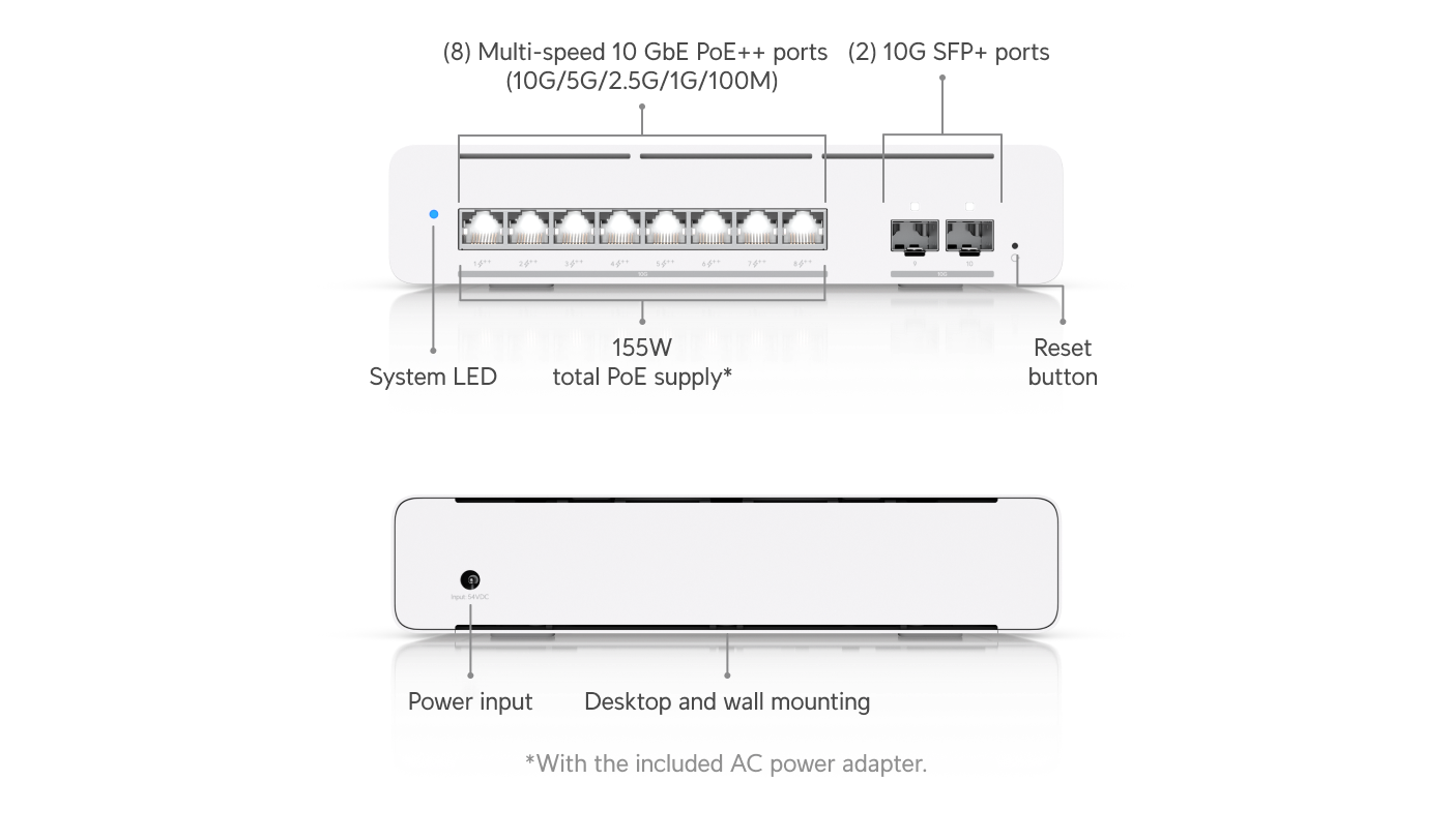 Ubiquiti | Ubiquiti Pro XG 8 PoE, Compact Desktop/Wall-mountable, Professional-grade 8-port, Layer 3 Etherlighting  PoE++ Switch With (8) 10 GbE, (2) 10G SFP+ | USW-Pro-XG-8-PoE - Image 1
