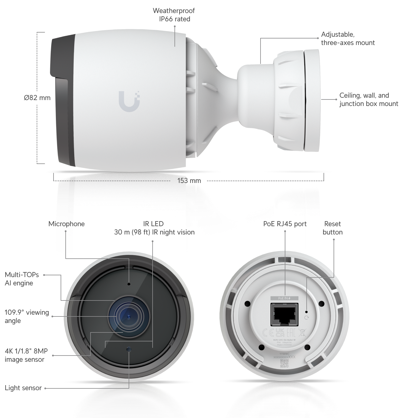 Ubiquiti | Ubiquiti G6 Bullet Black,All-weather 4K PoE Camera,With a 1/1.8