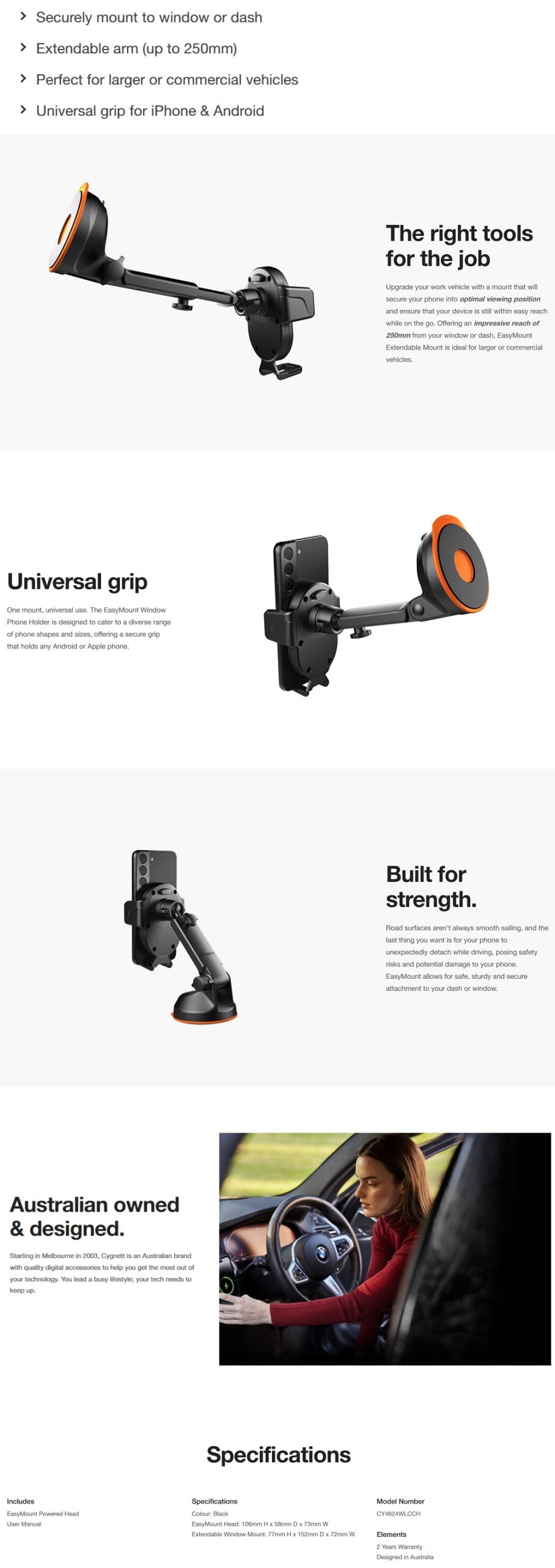 Cygnett | Cygnett EasyMount Universal Car Window or Dash Extendable Mount - Black (CY4624WLCCH),Extendable Arm (up to 250mm), 2 Years Warranty | CY4624WLCCH - Image 1