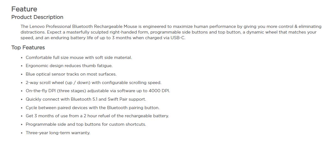 Lenovo | Lenovo Professional Bluetooth Rechargeable Mouse - 4000 DPI On-the-fly 3 Programmable Buttons Comfortable Ergonomic Optical Sensor Bluetooth 5.1 | 4Y51J62544 - Image 1