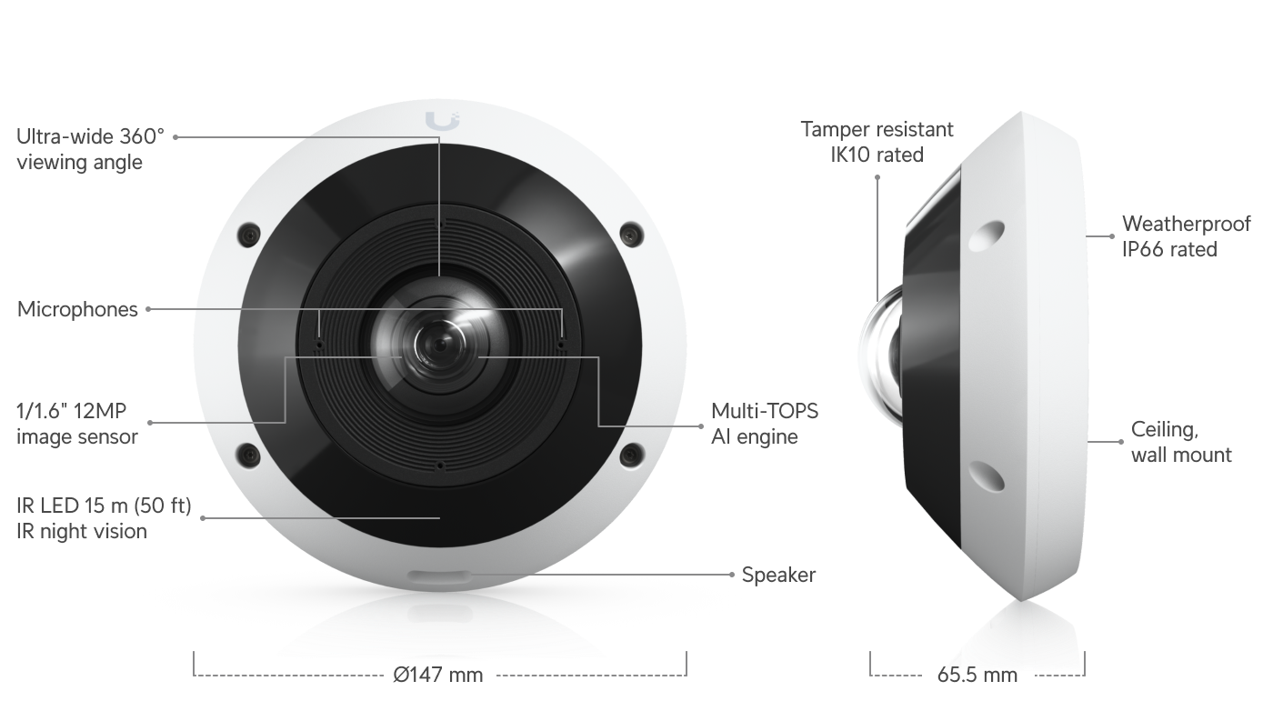 Ubiquiti | Ubiquiti G6 Pro 360,White,All-weather,Vandal-resistant 12MP PoE Camera,Panoramic 360° coverage,Digital Pan-tilt-zoom Smart IR Functionality | UVC-G6-Pro-360-W - Image 1