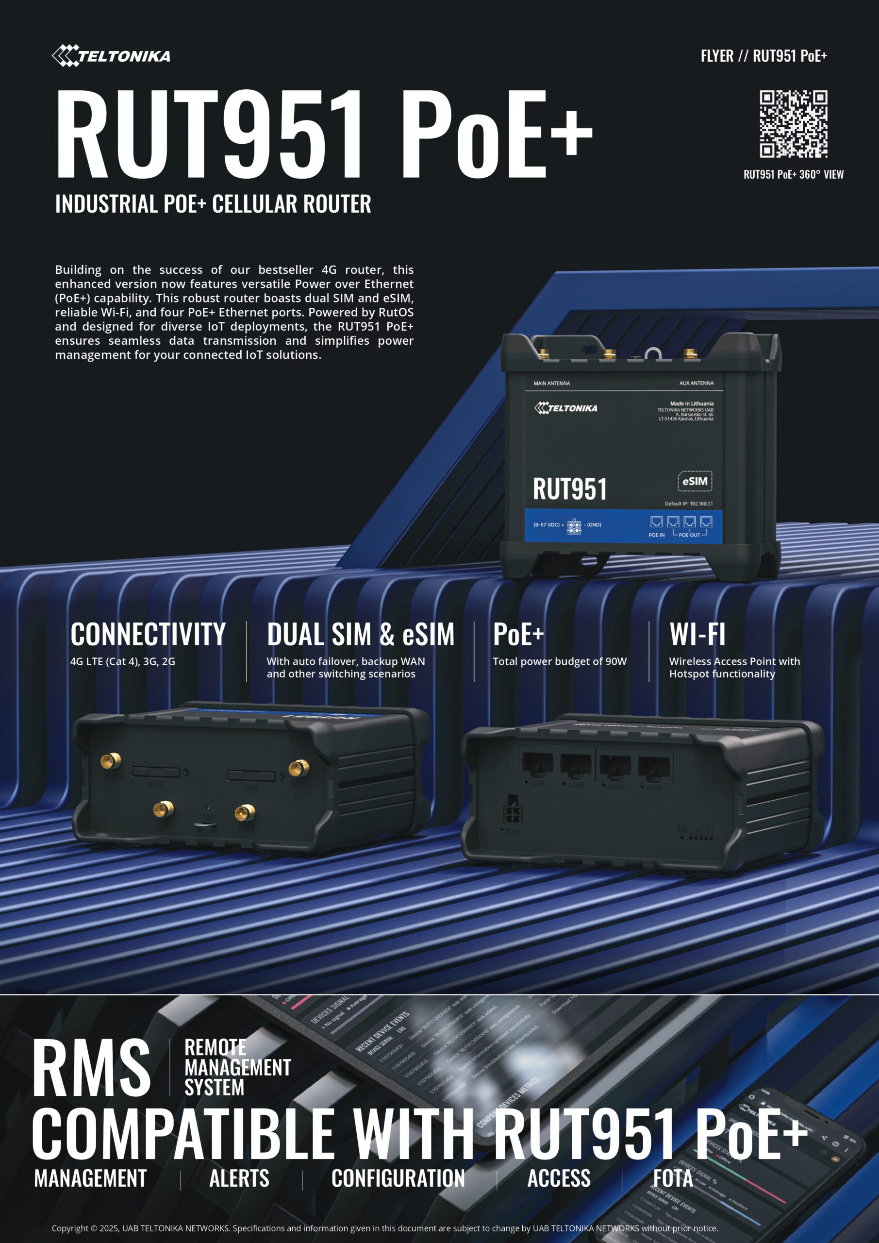 Teltonika | Teltonika RUT951 Industrial PoE+ Cellular Router, 4G LTE (Cat 4), Dual SIM,WI-FI, Automatic WAN Failover, PSU included | RUT951610R00 - Image 1