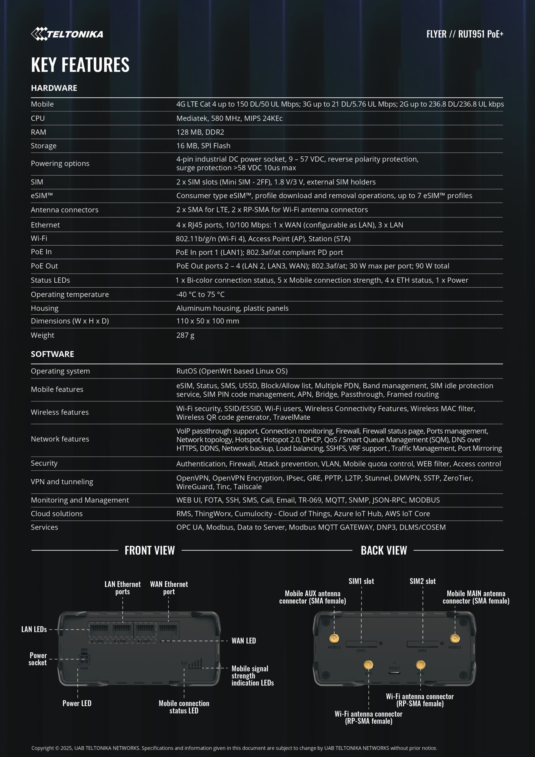 Teltonika | Teltonika RUT951 Industrial PoE+ Cellular Router, 4G LTE (Cat 4), Dual SIM,WI-FI, Automatic WAN Failover, PSU included | RUT951610R00 - Image 2