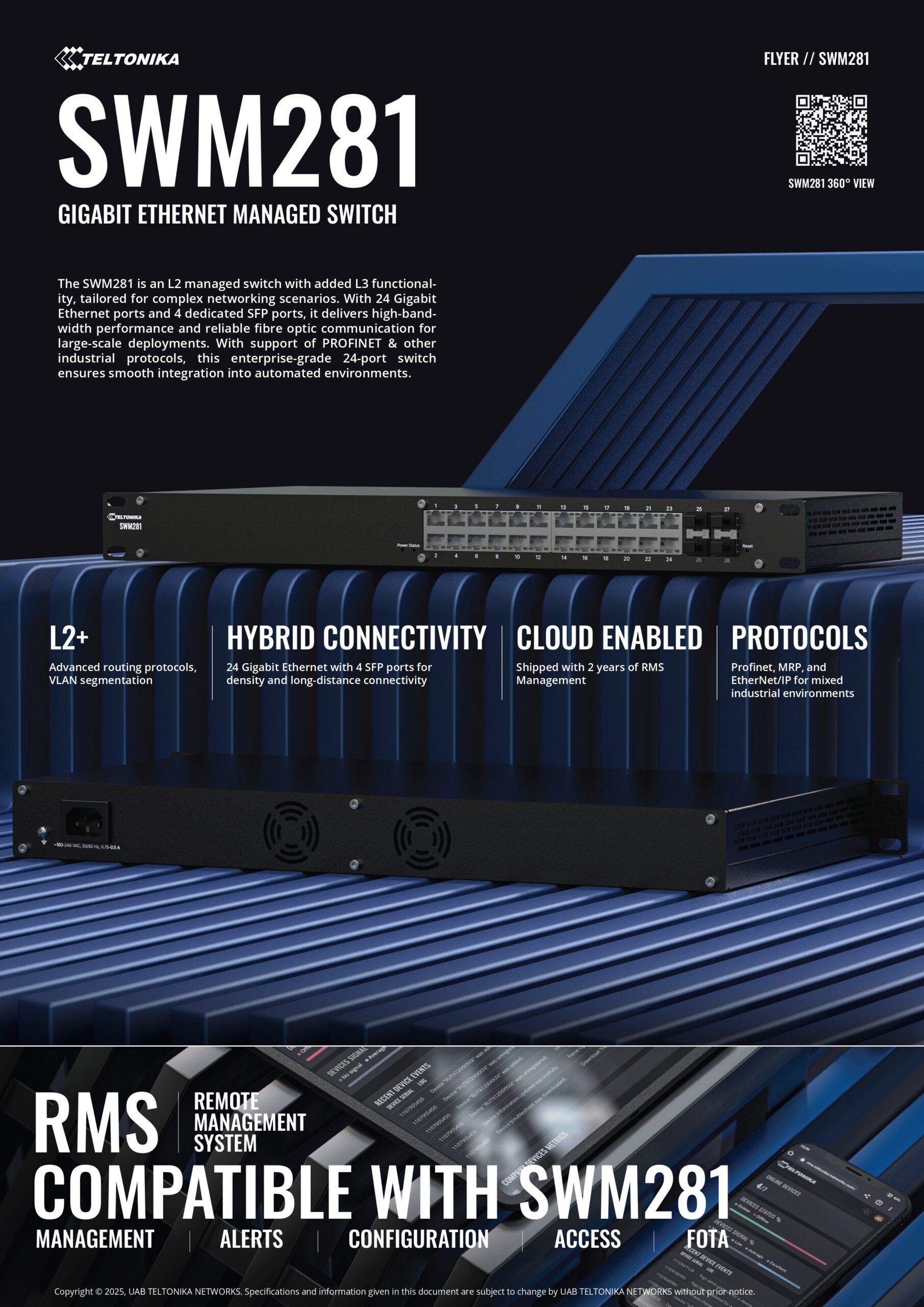 Teltonika | Teltonika SWM281 Gigabit Ethernet managed switch, 24 Gigabit Ethernet with 4 SFP ports, VLAN segmentation, 2-year free RMS | SWM281000000 - Image 1
